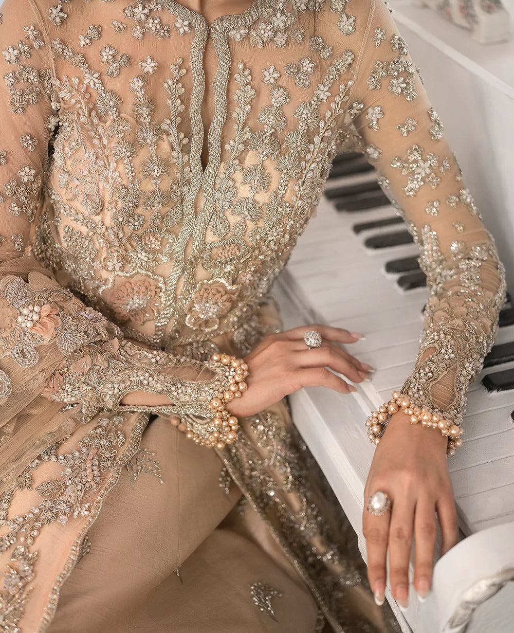 Pakistani Champagne Embellished Net Bridal Gown (2-Piece) - Image 9