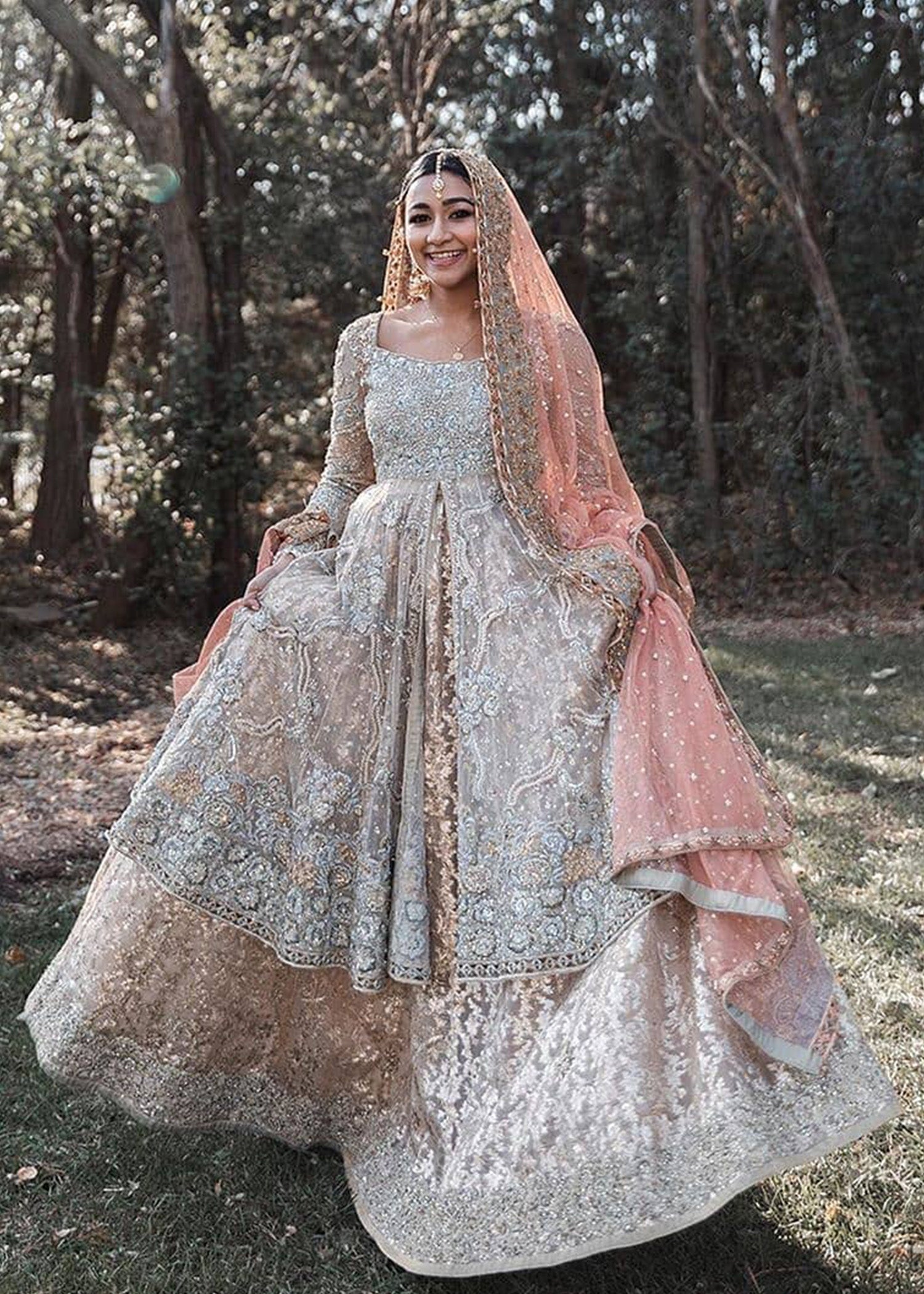 Pale Gold Embellished Net Bridal Gown (2-Piece) - Image 1