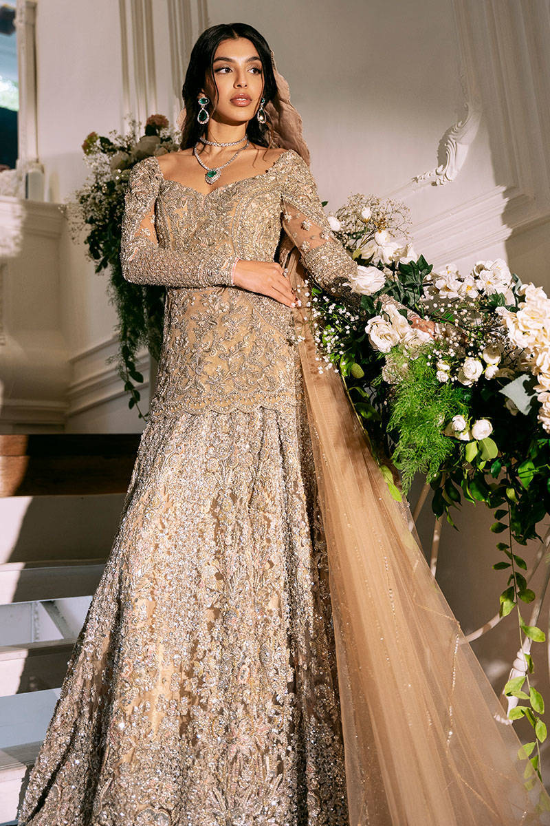 Pakistani Nude Gold Embroidered Net Bridal Gown (2-Piece) - Image 1