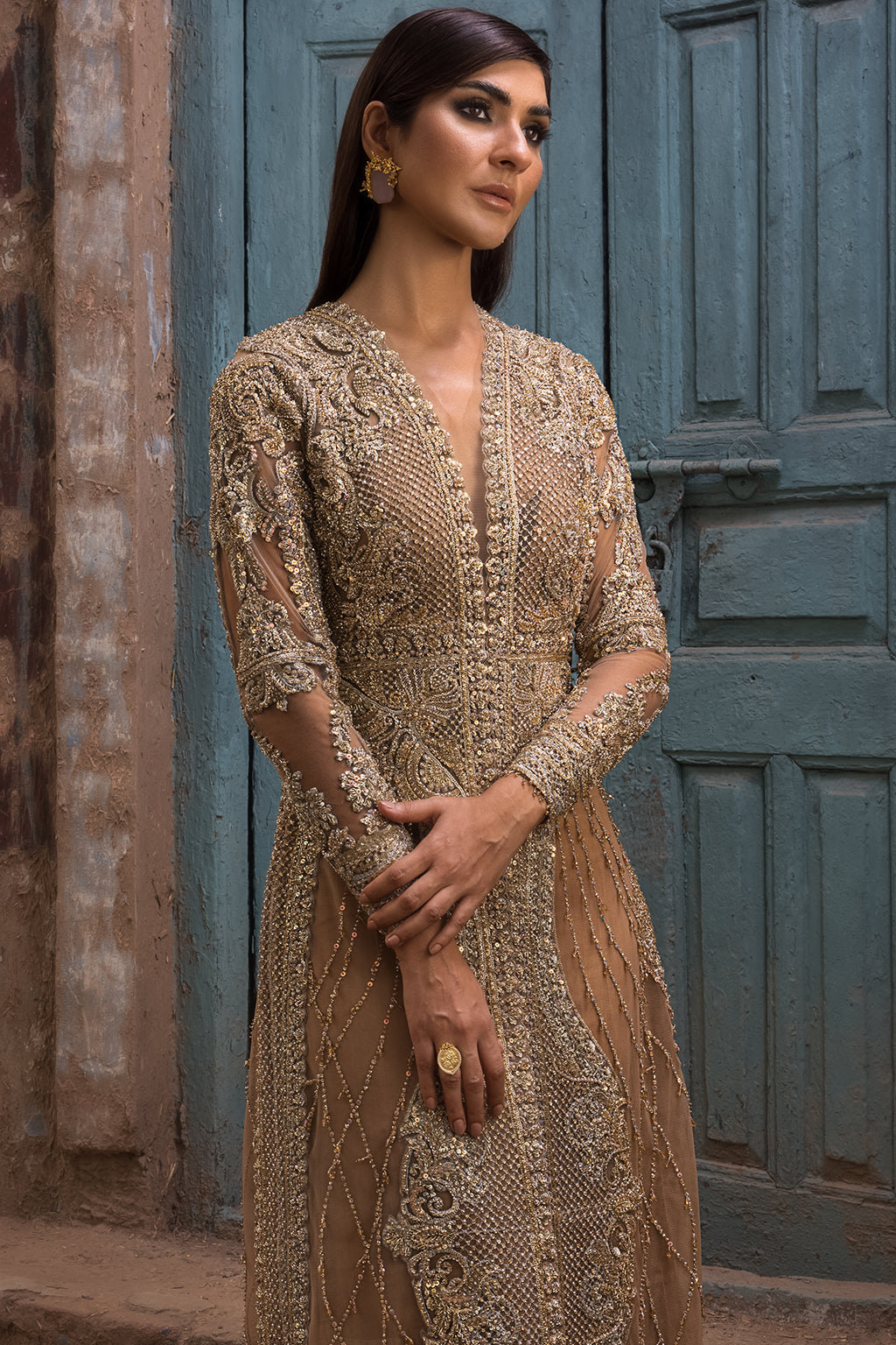 Pakistani Gold Embellished Net Long Jacket Gown (1-Pc) - Image 2