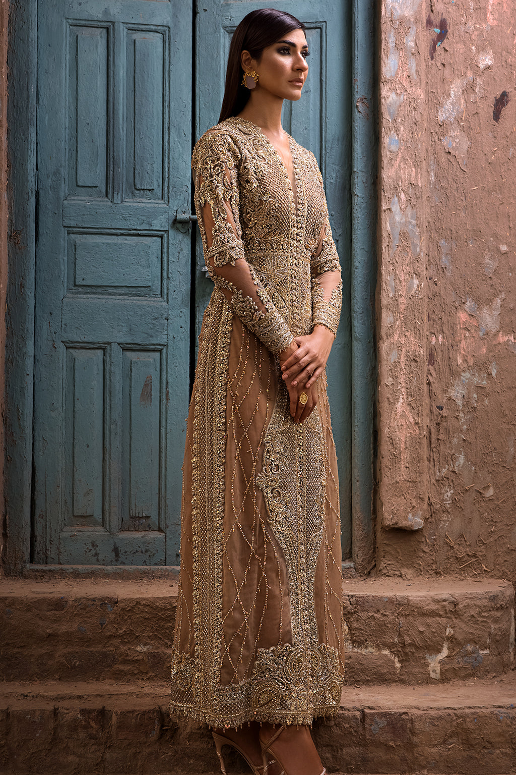 Pakistani Gold Embellished Net Long Jacket Gown (1-Pc) - Image 3