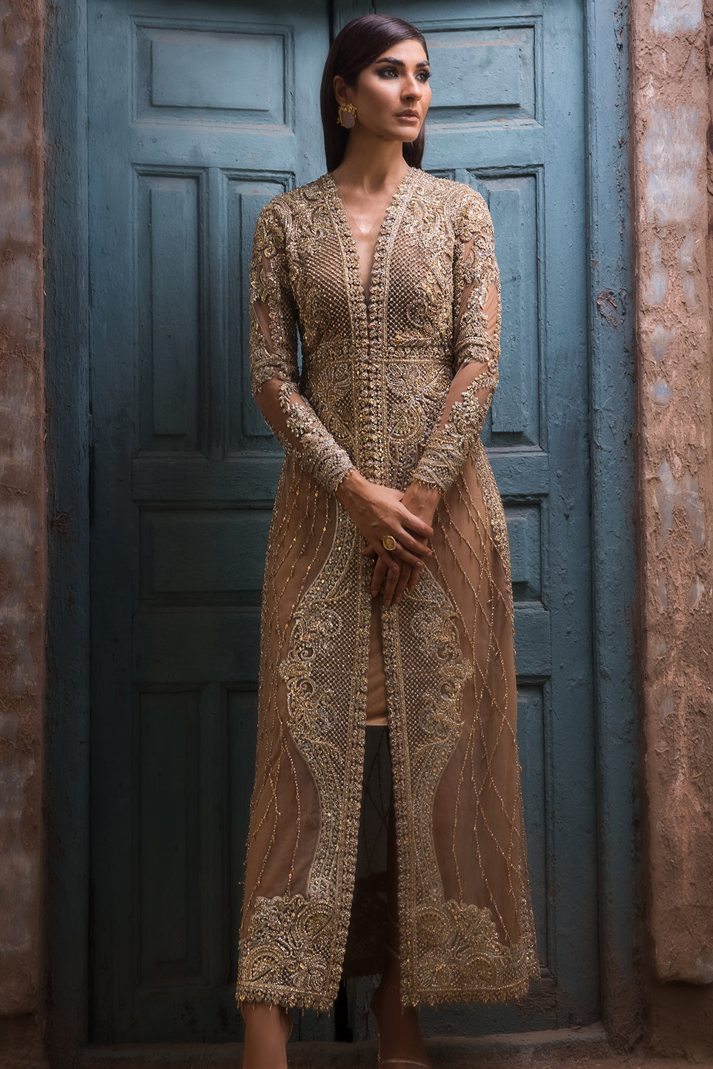 Pakistani Gold Embellished Net Long Jacket Gown (1-Pc) - Image 7