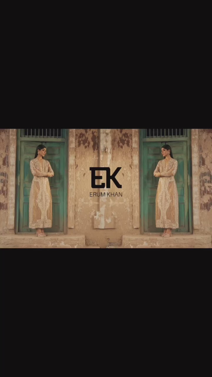 Pakistani Gold Embellished Net Long Jacket Gown (1-Pc) - Image 8