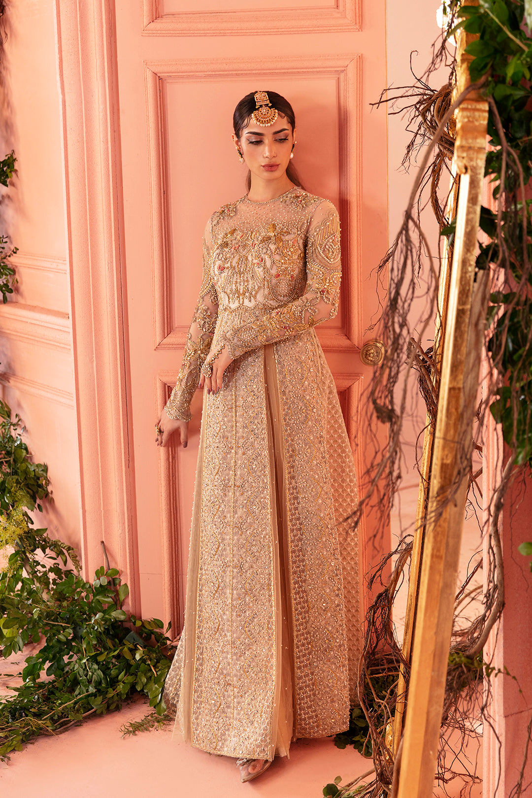 Champagne Gold Embellished Net Long Gown (1-Pc) - Image 1