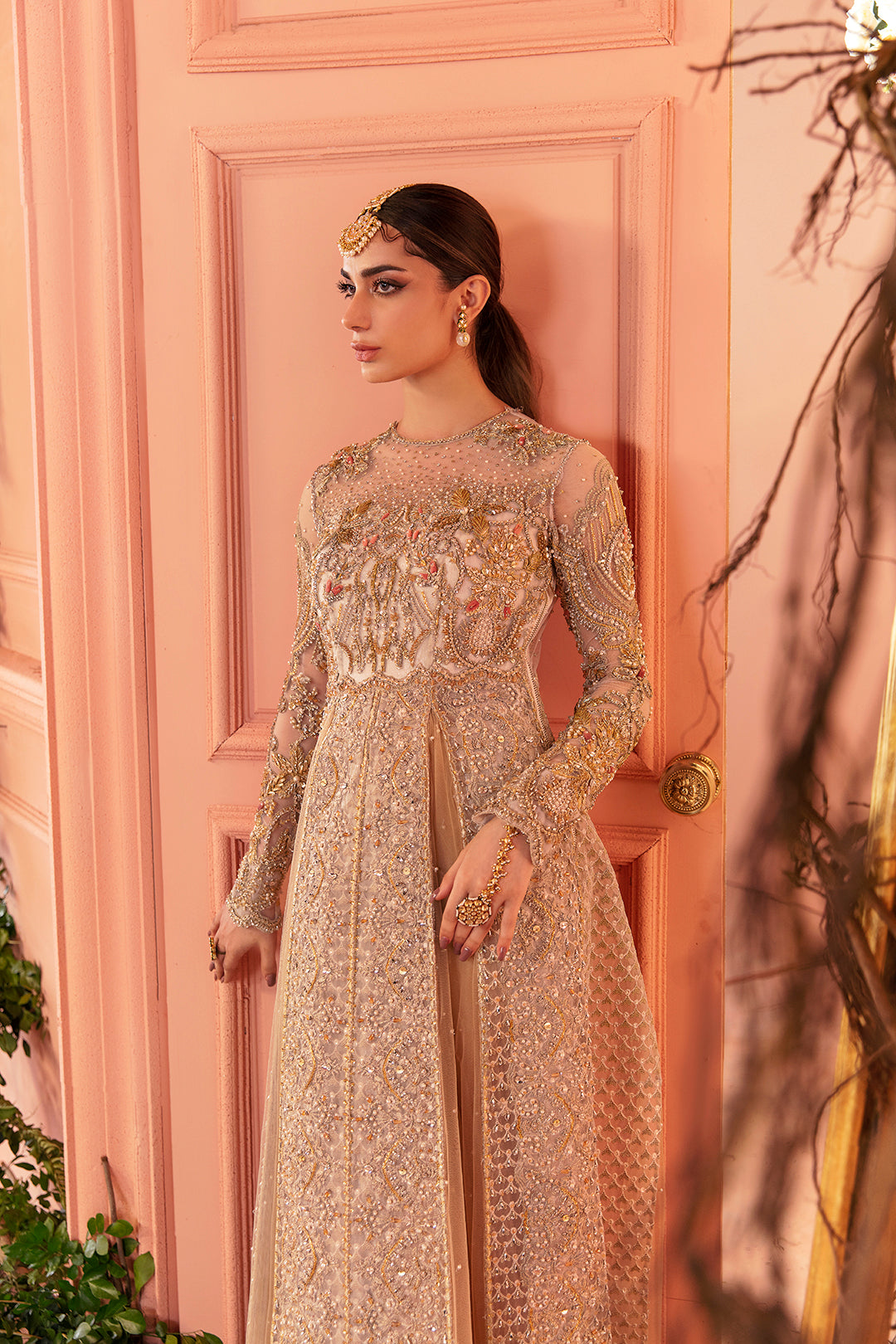 Champagne Gold Embellished Net Long Gown (1-Pc) - Image 2