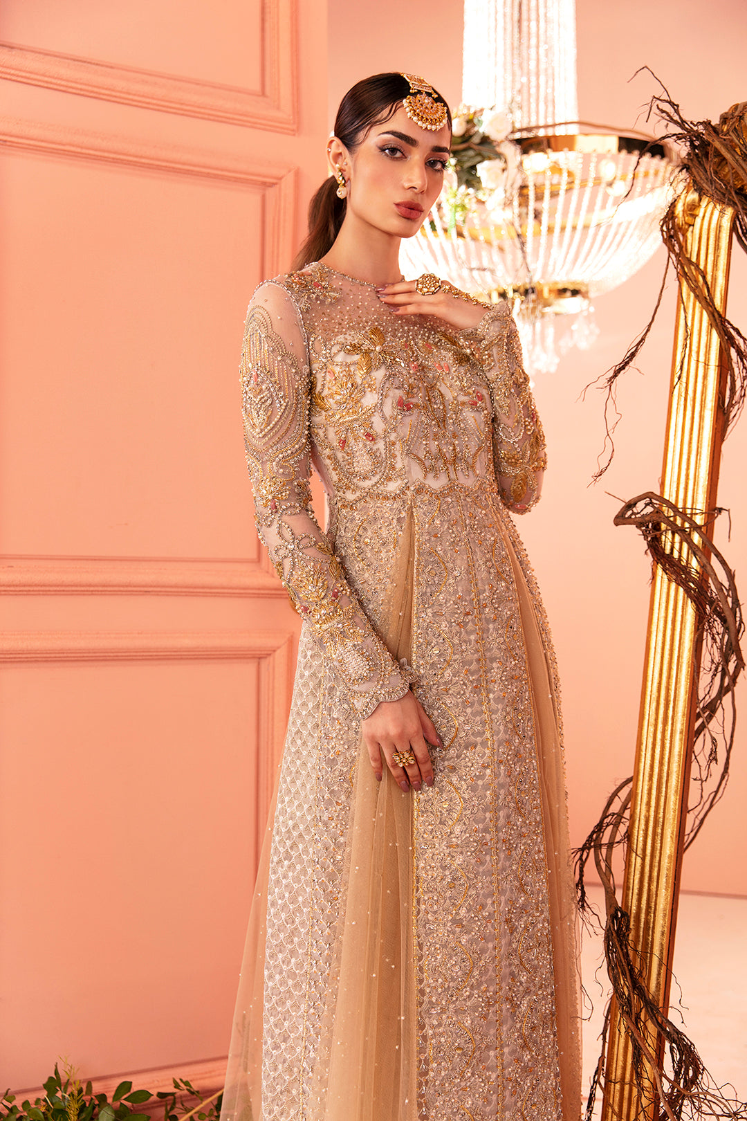 Champagne Gold Embellished Net Long Gown (1-Pc) - Image 3