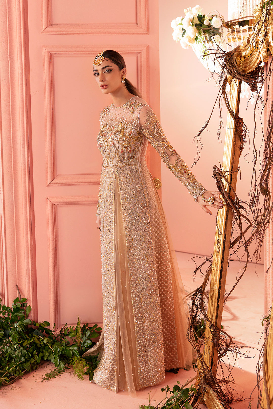 Champagne Gold Embellished Net Long Gown (1-Pc) - Image 4