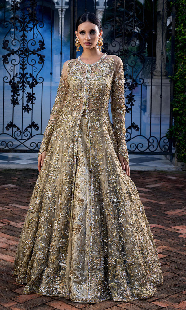 Champagne Embellished Net Front-Open Gown (1-Pc) - Image 5