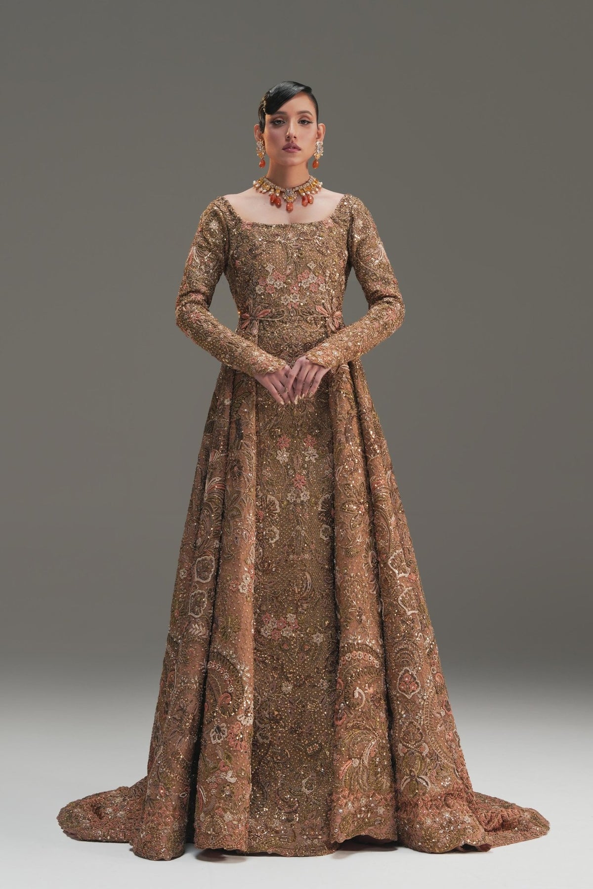 Pakistani Champagne Embroidered Net Bridal Gown (2-Piece) - Image 1