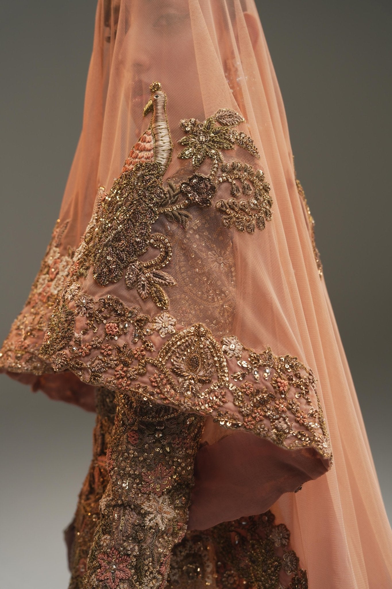 Pakistani Champagne Embroidered Net Bridal Gown (2-Piece) - Image 3