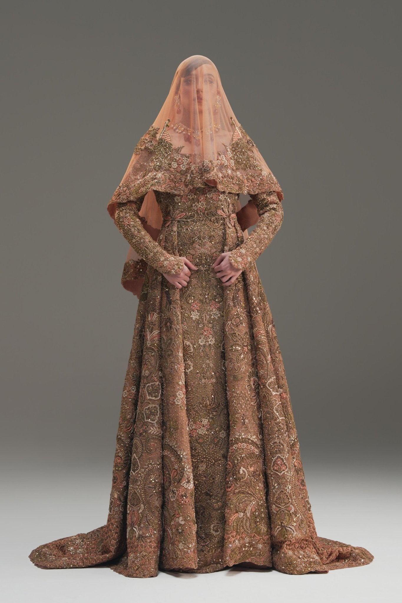 Pakistani Champagne Embroidered Net Bridal Gown (2-Piece) - Image 4