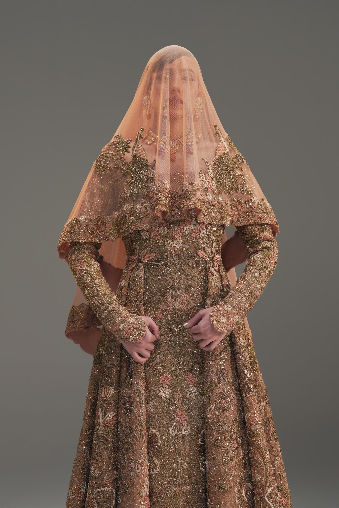 Pakistani Champagne Embroidered Net Bridal Gown (2-Piece) - Image 5