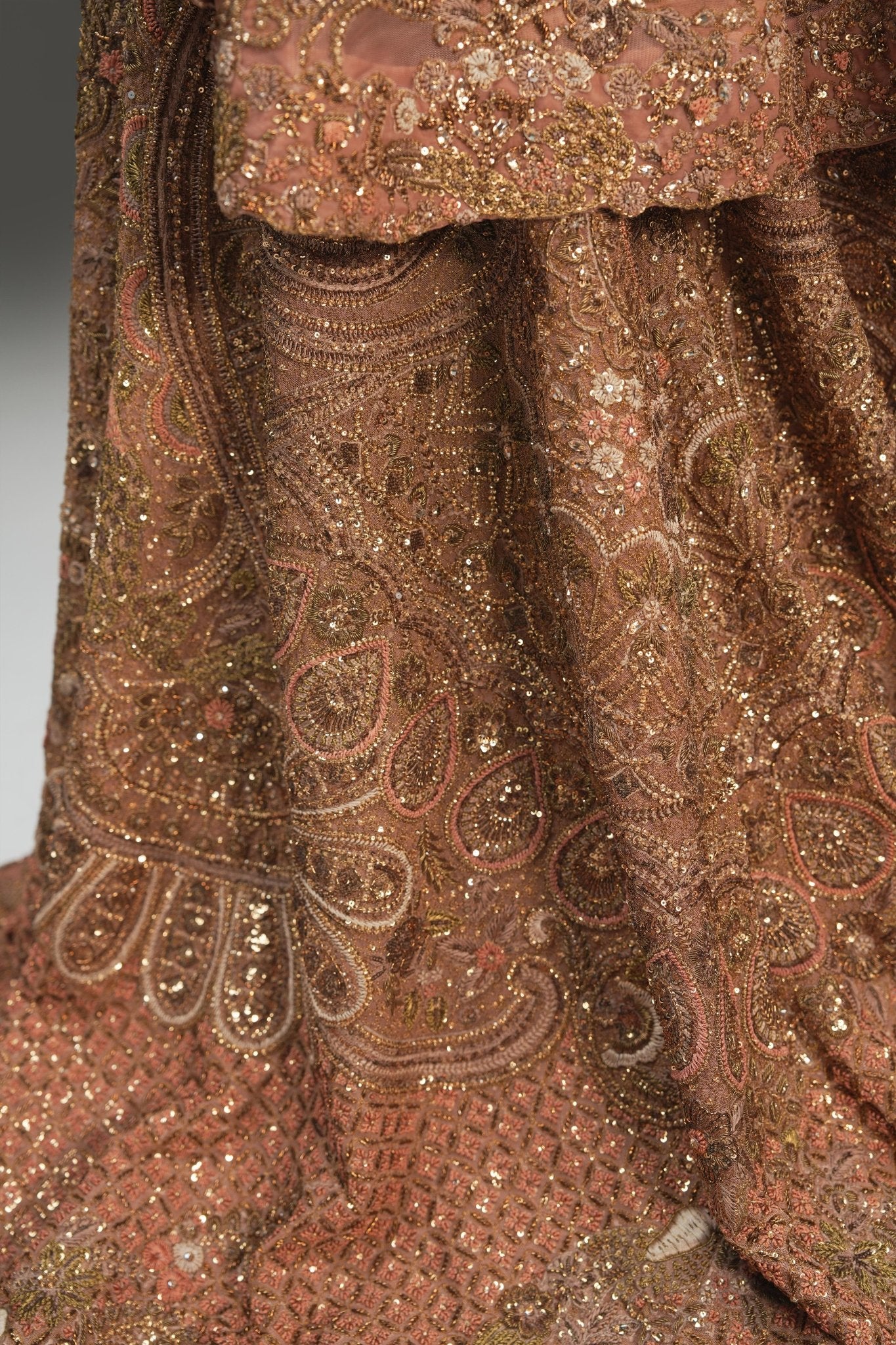 Pakistani Champagne Embroidered Net Bridal Gown (2-Piece) - Image 7