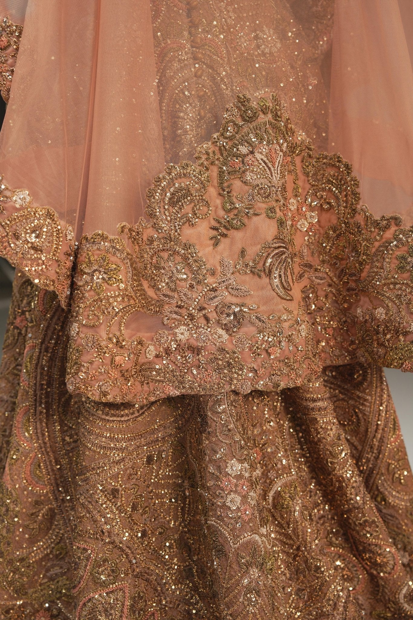 Pakistani Champagne Embroidered Net Bridal Gown (2-Piece) - Image 8