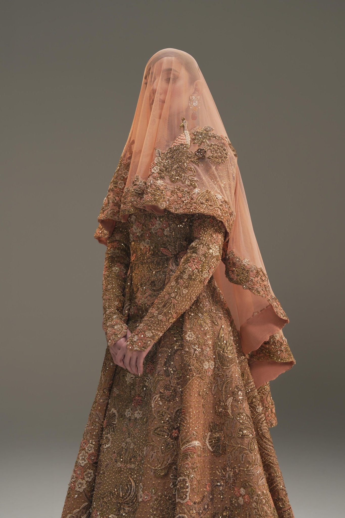 Pakistani Champagne Embroidered Net Bridal Gown (2-Piece) - Image 9