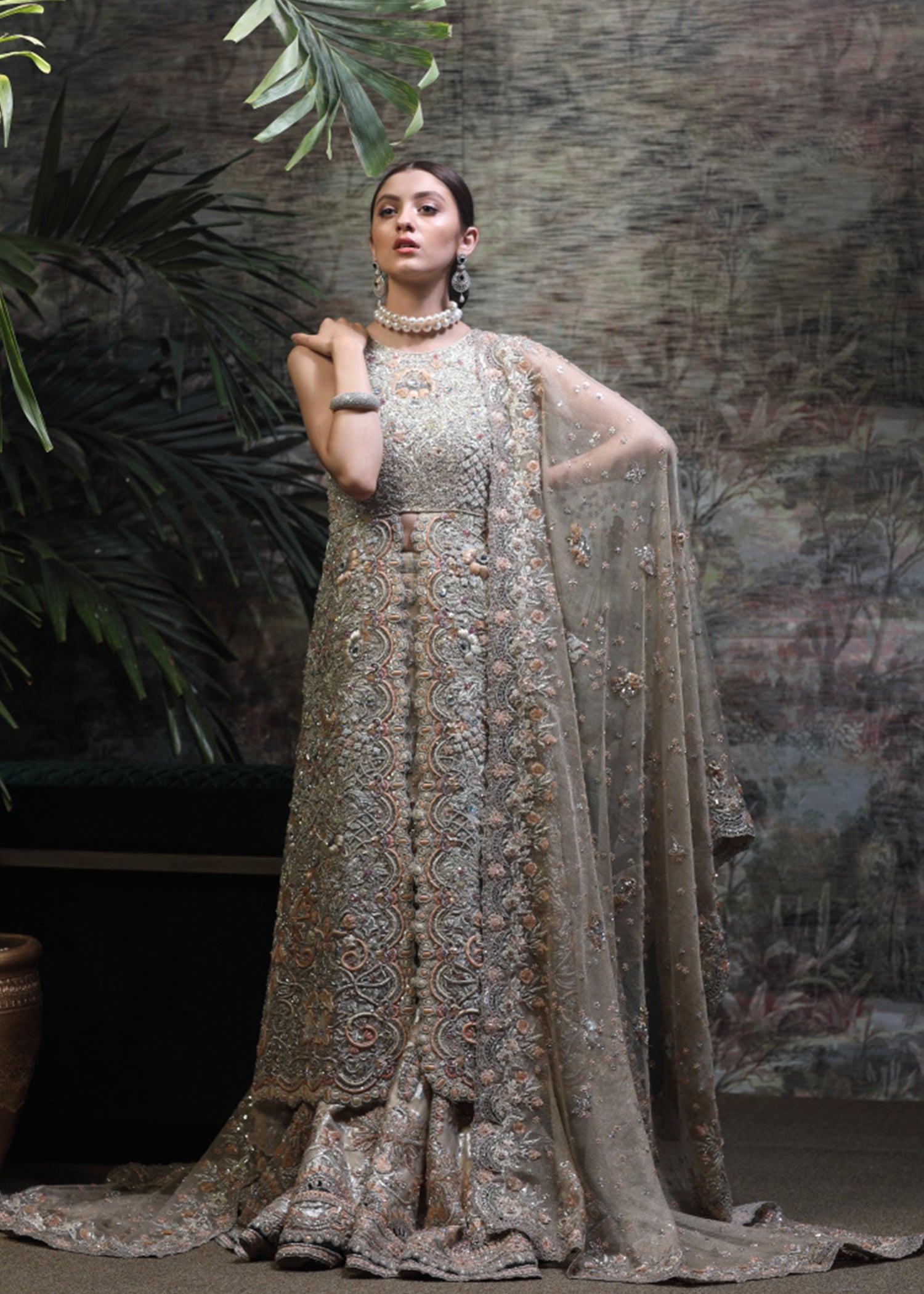 Pakistani Champagne Embellished Net Bridal Gown (2-Piece) - Image 1