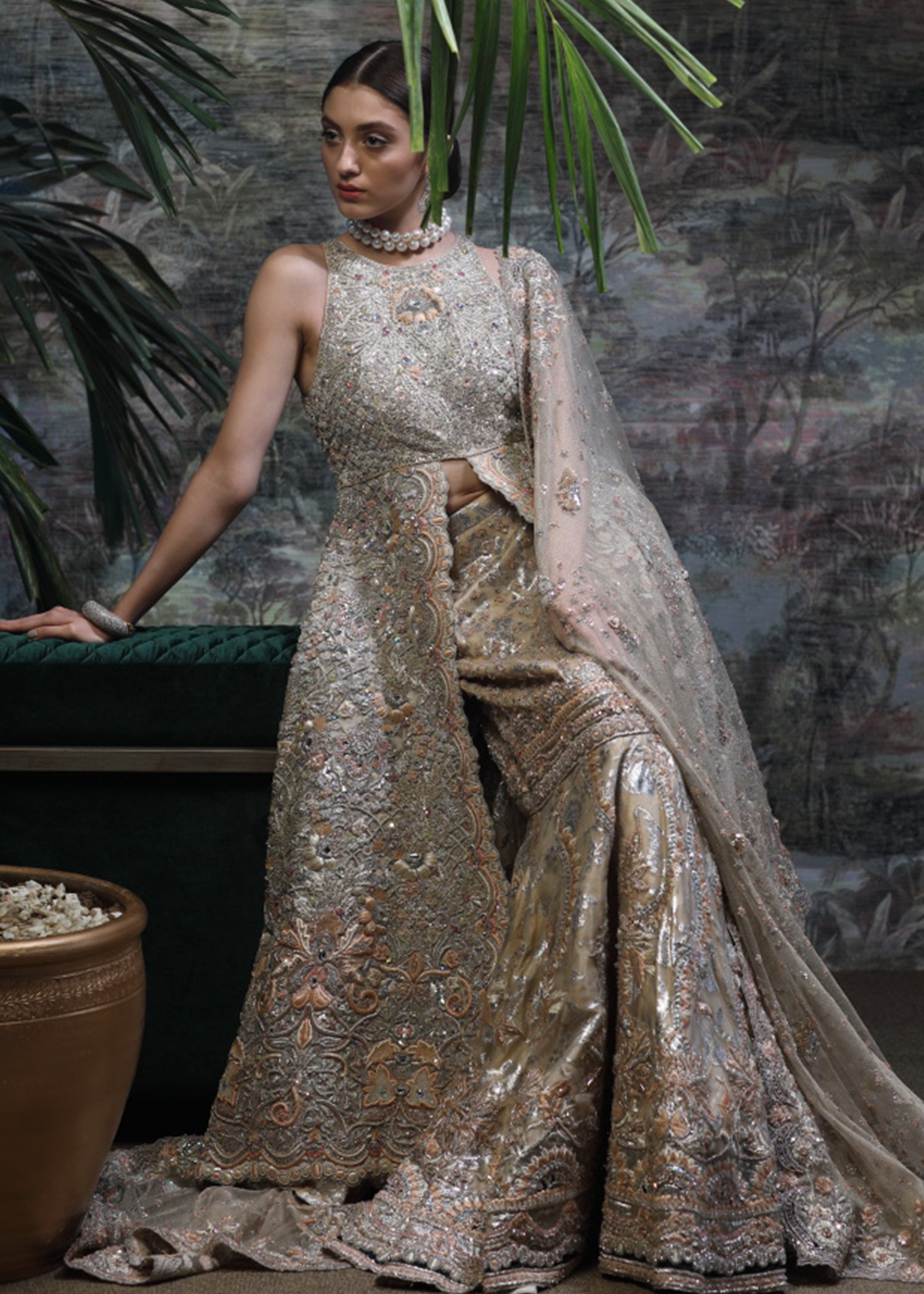 Pakistani Champagne Embellished Net Bridal Gown (2-Piece) - Image 2