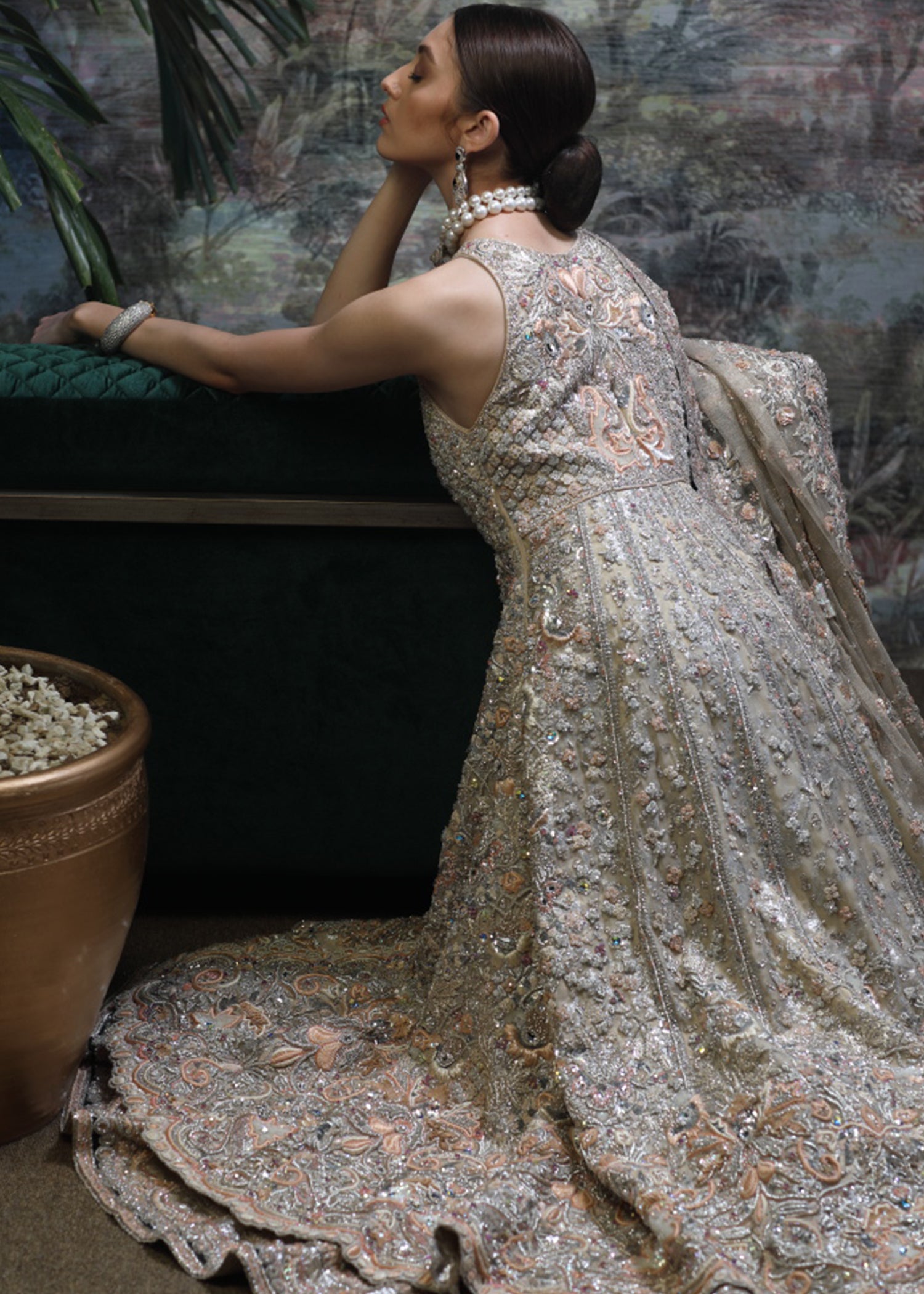 Pakistani Champagne Embellished Net Bridal Gown (2-Piece) - Image 3