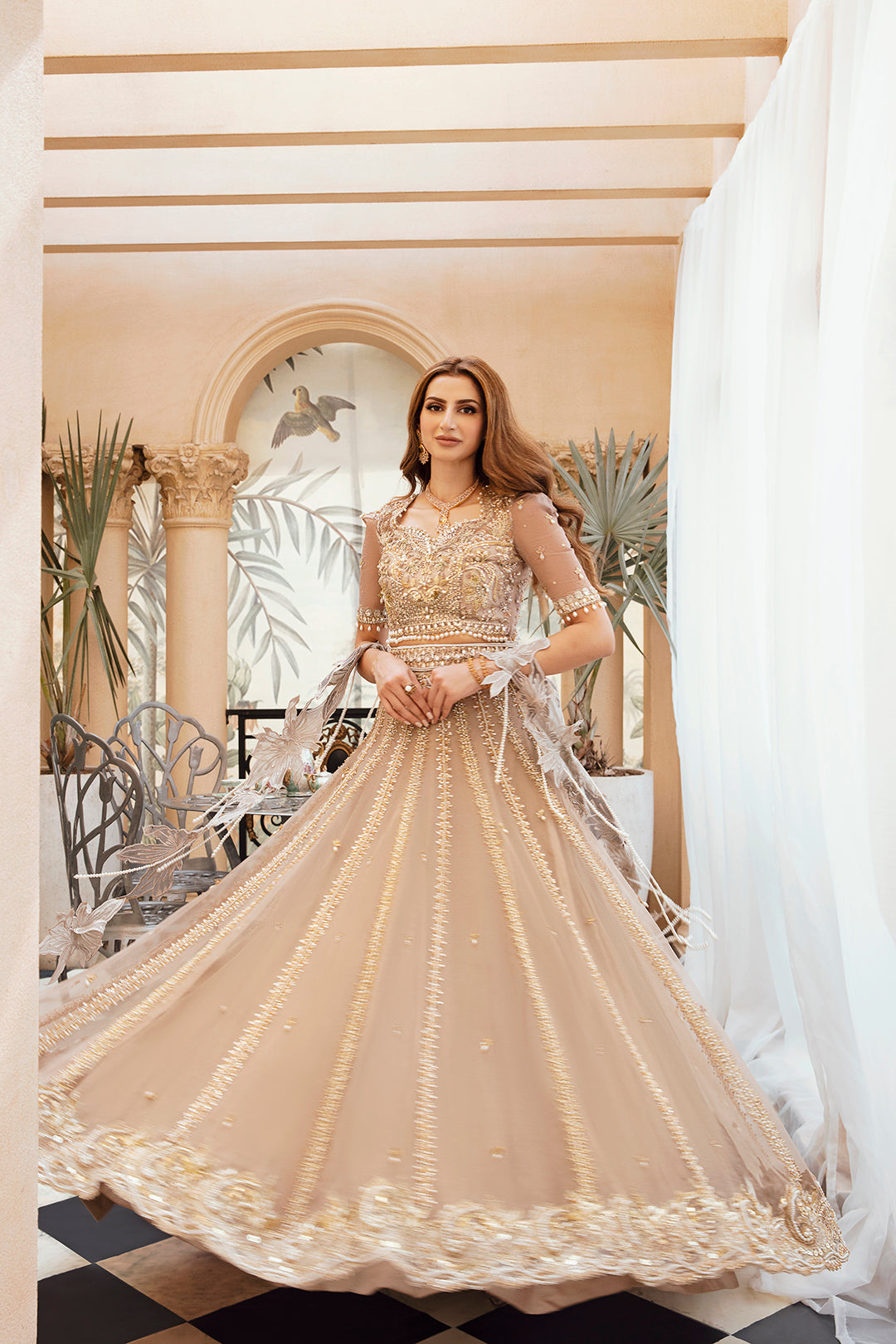 Champagne Embellished Net Floor-Length Gown (1-Pc) - Image 3