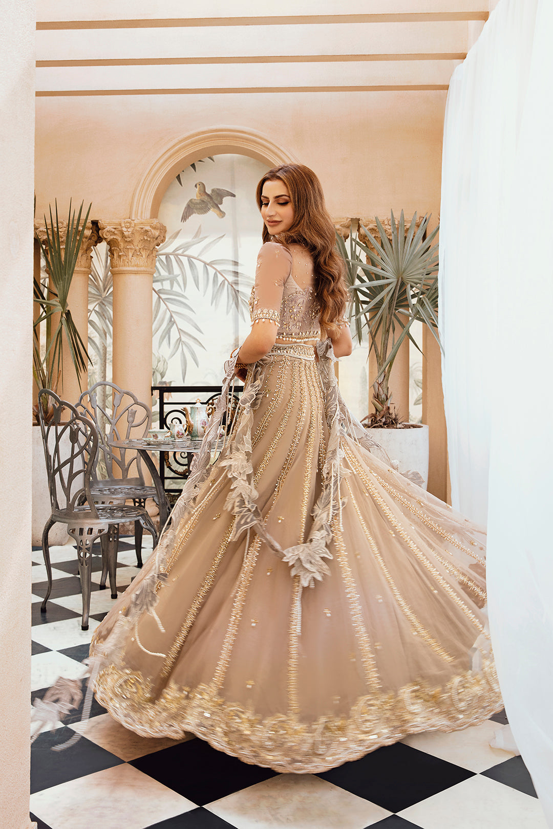 Champagne Embellished Net Floor-Length Gown (1-Pc) - Image 4