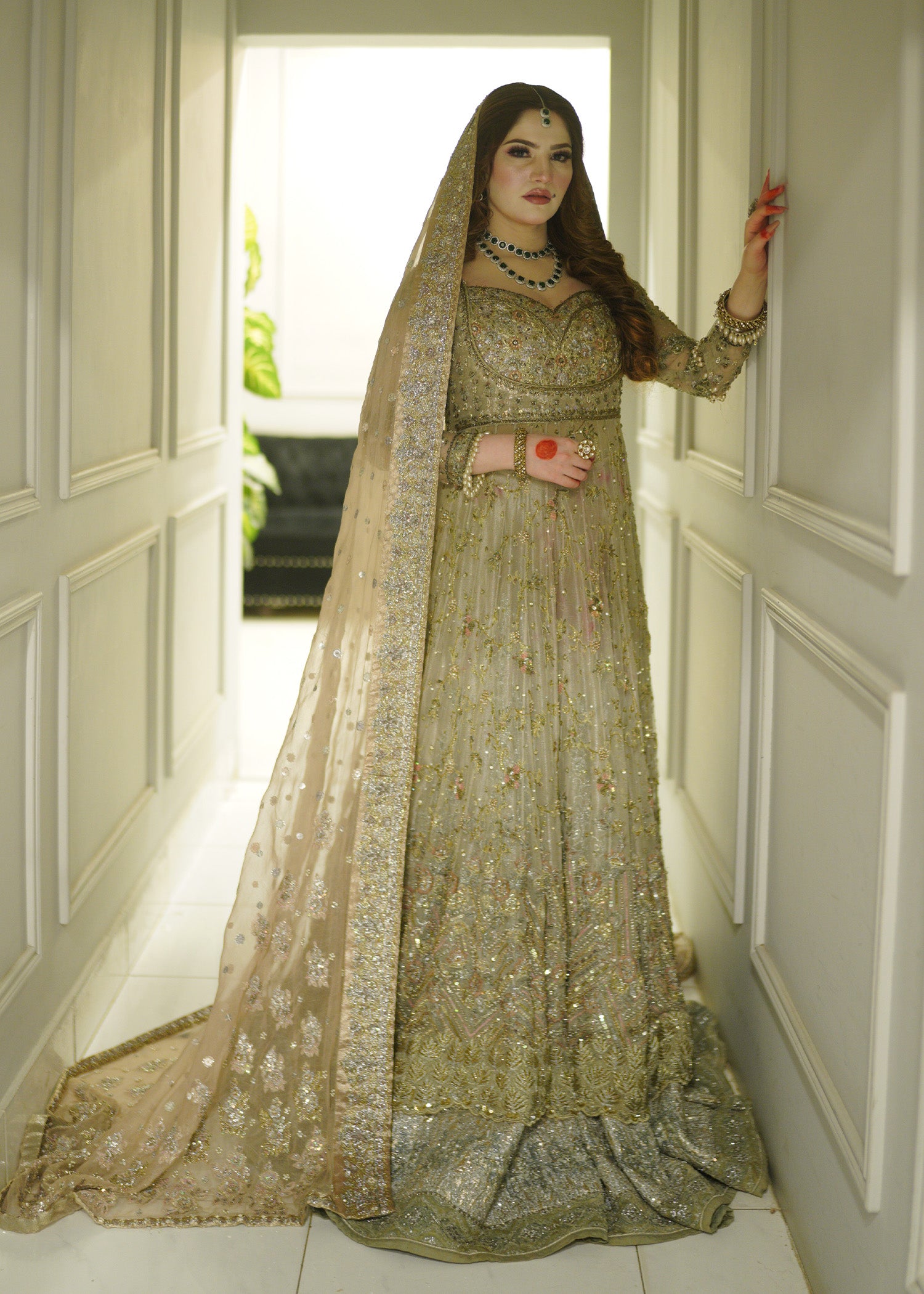 Champagne Gold Embellished Net Bridal Gown (2-Piece) - Image 2