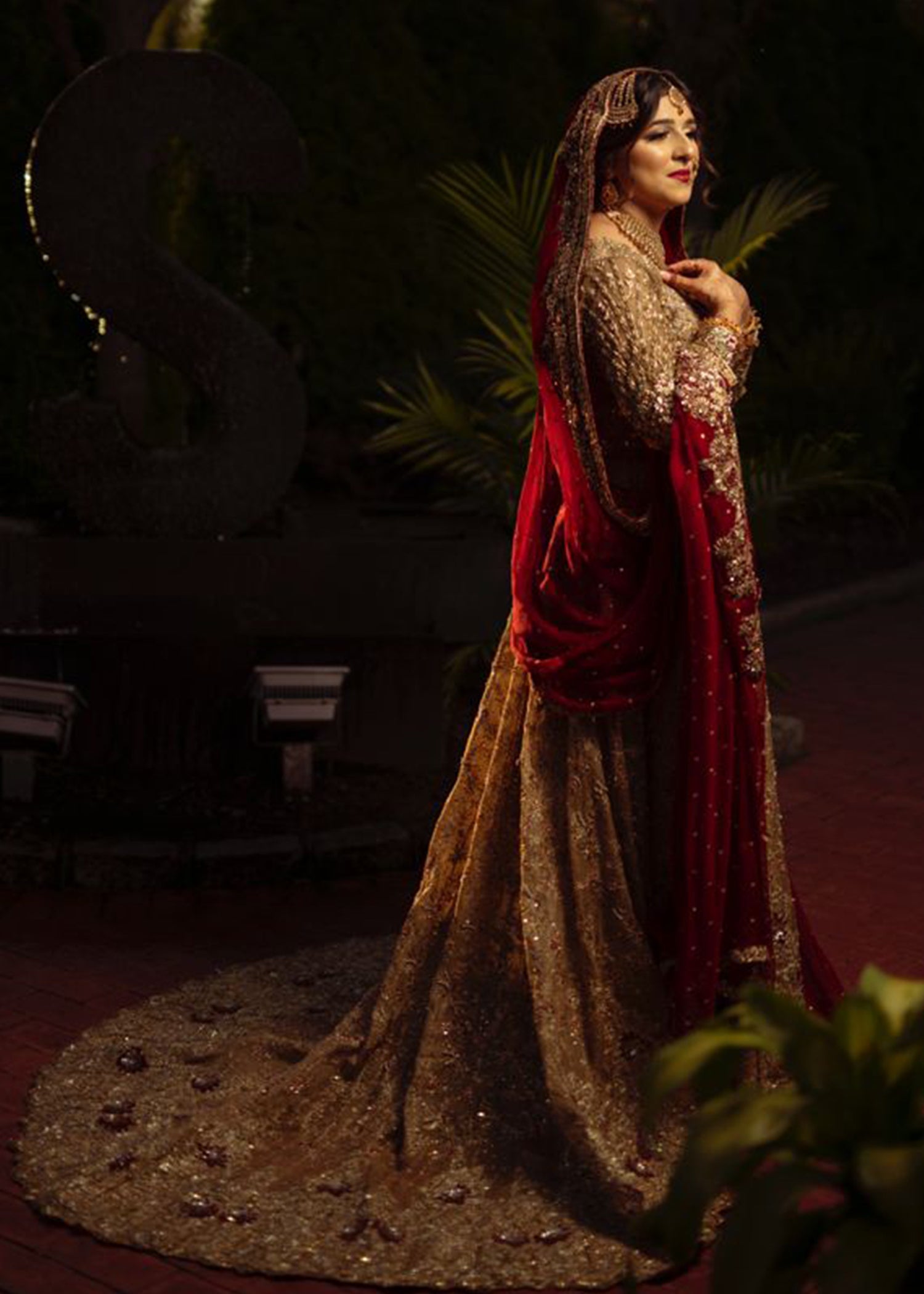 Antique Gold Embellished Net Silk Bridal Gown (2-Piece) - Image 1