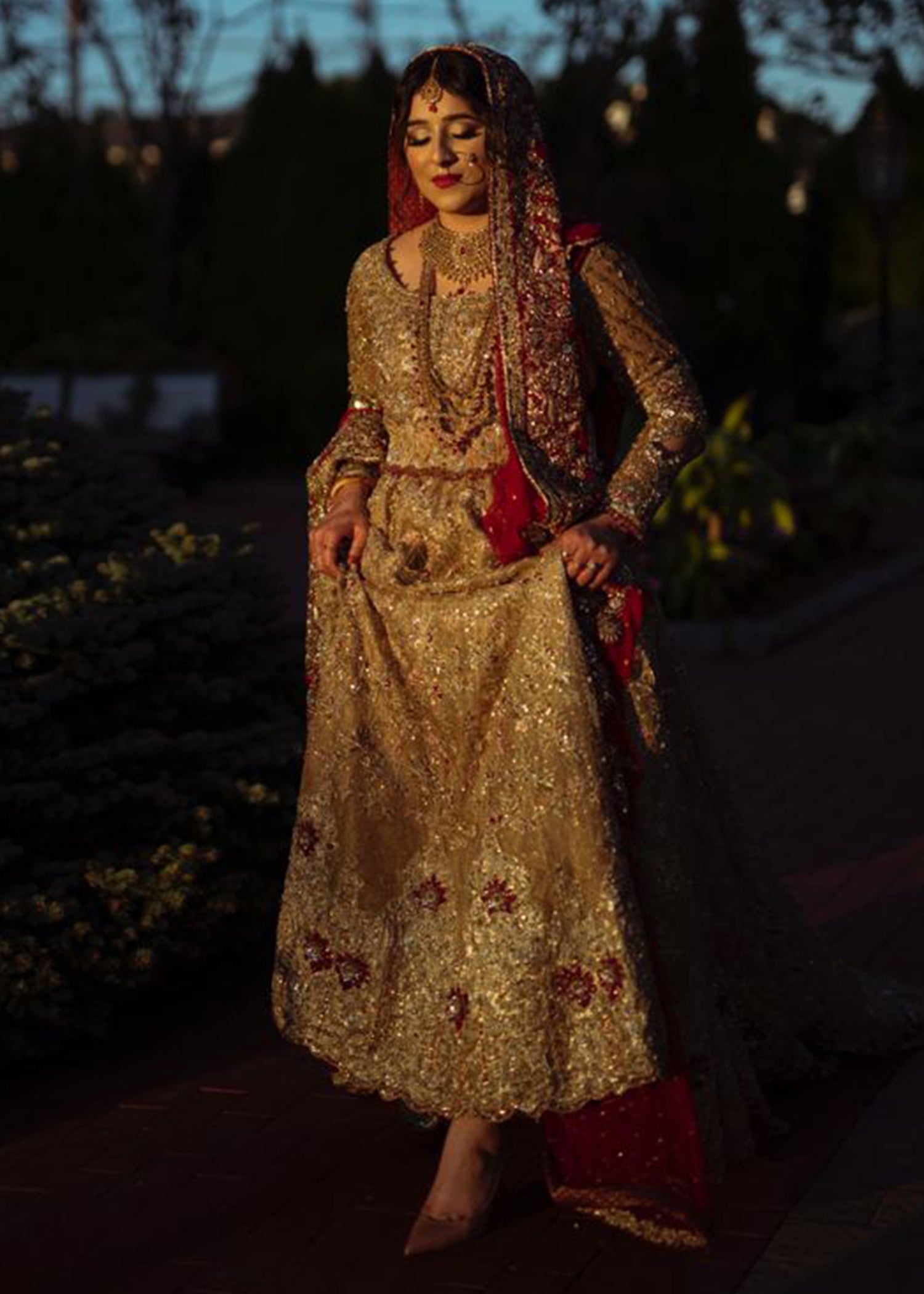 Antique Gold Embellished Net Silk Bridal Gown (2-Piece) - Image 10