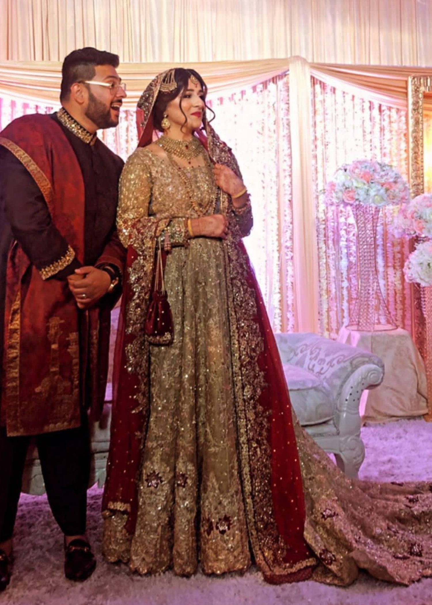 Antique Gold Embellished Net Silk Bridal Gown (2-Piece) - Image 11