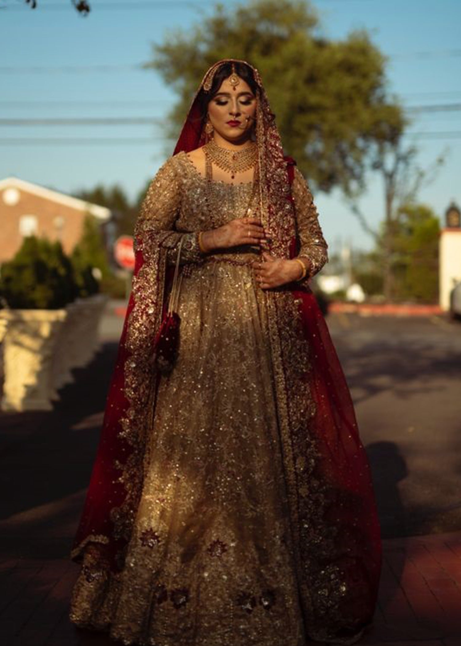 Antique Gold Embellished Net Silk Bridal Gown (2-Piece) - Image 4