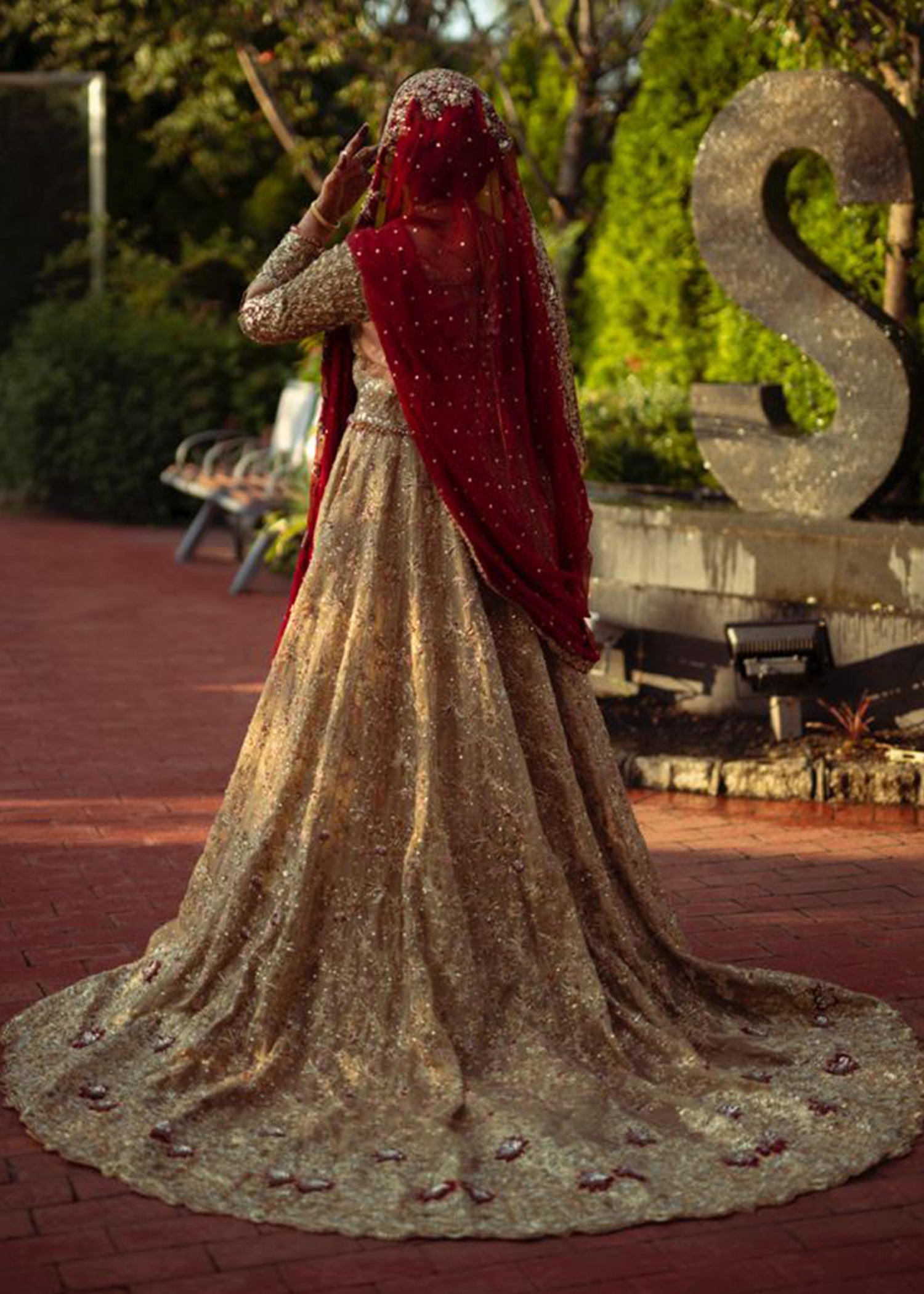 Antique Gold Embellished Net Silk Bridal Gown (2-Piece) - Image 6