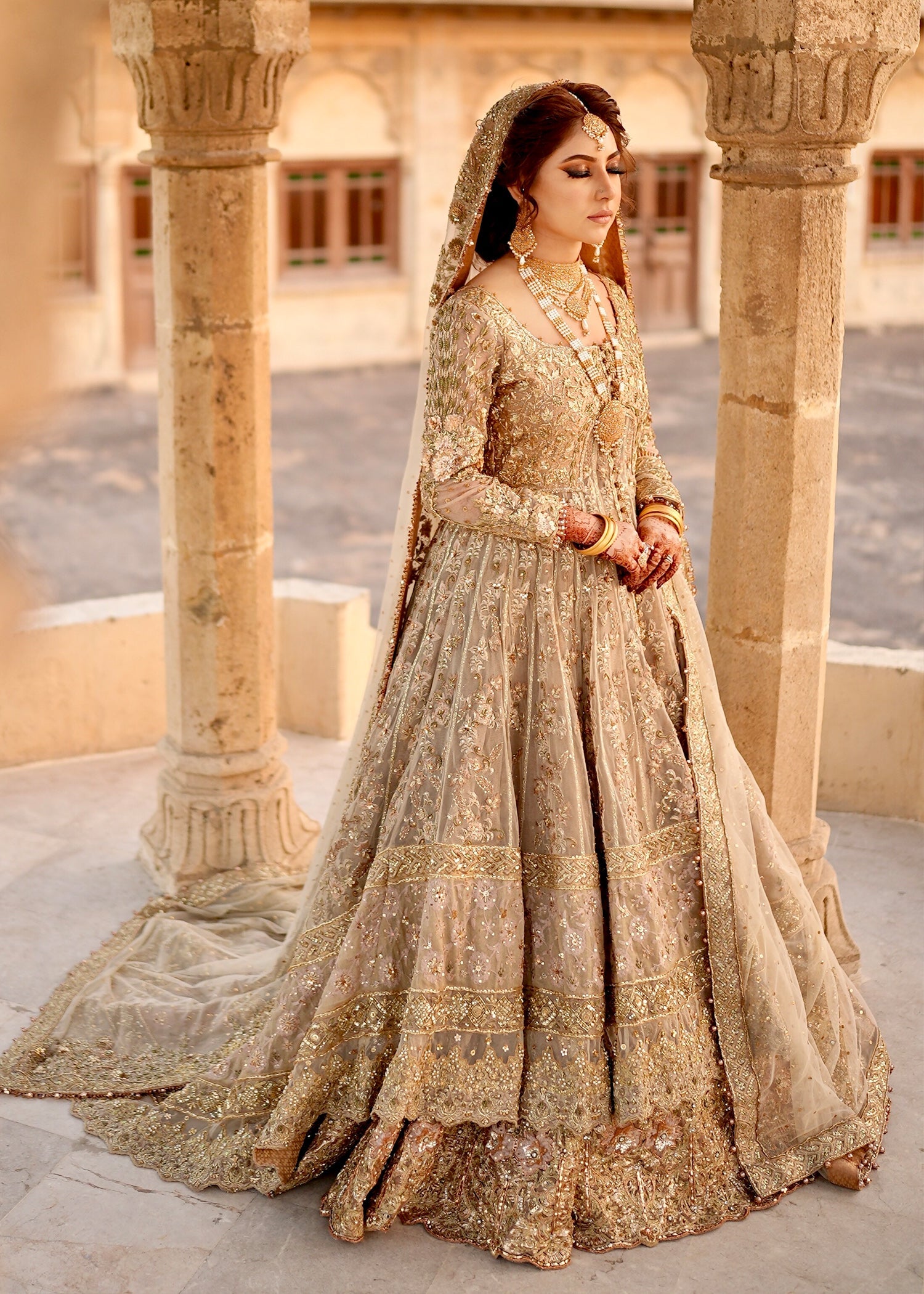 Pakistani Champagne Gold Embellished Net Bridal Gown (2-Piece) - Image 1