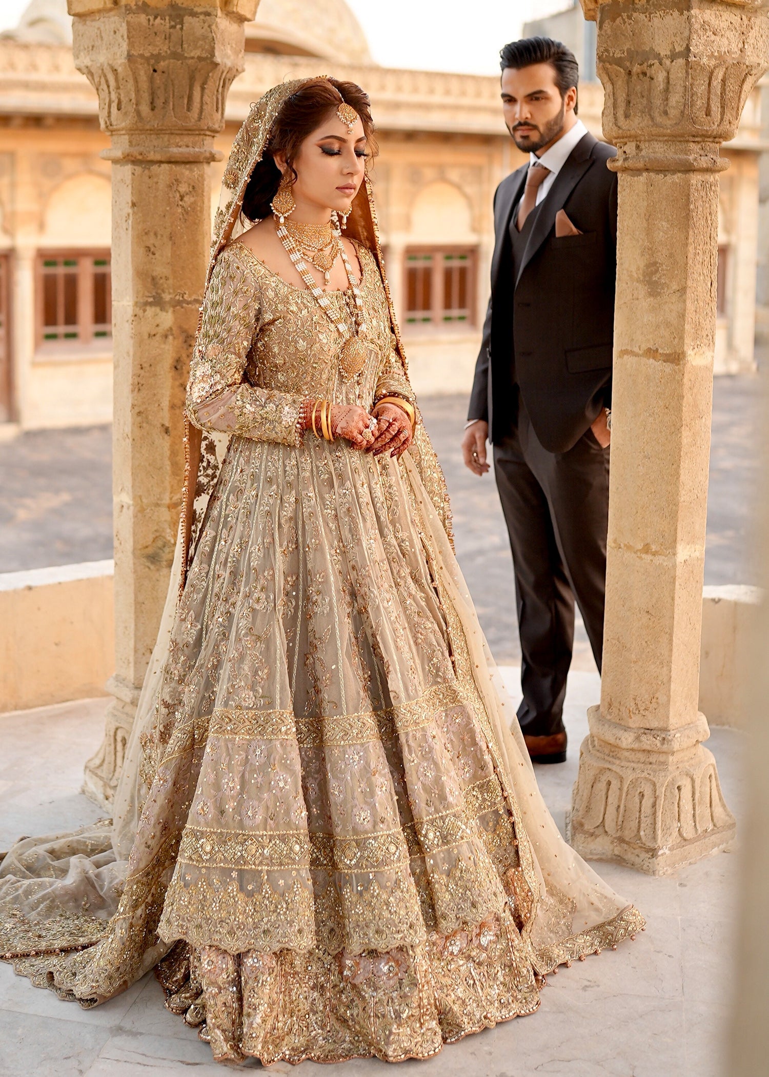 Pakistani Champagne Gold Embellished Net Bridal Gown (2-Piece) - Image 10