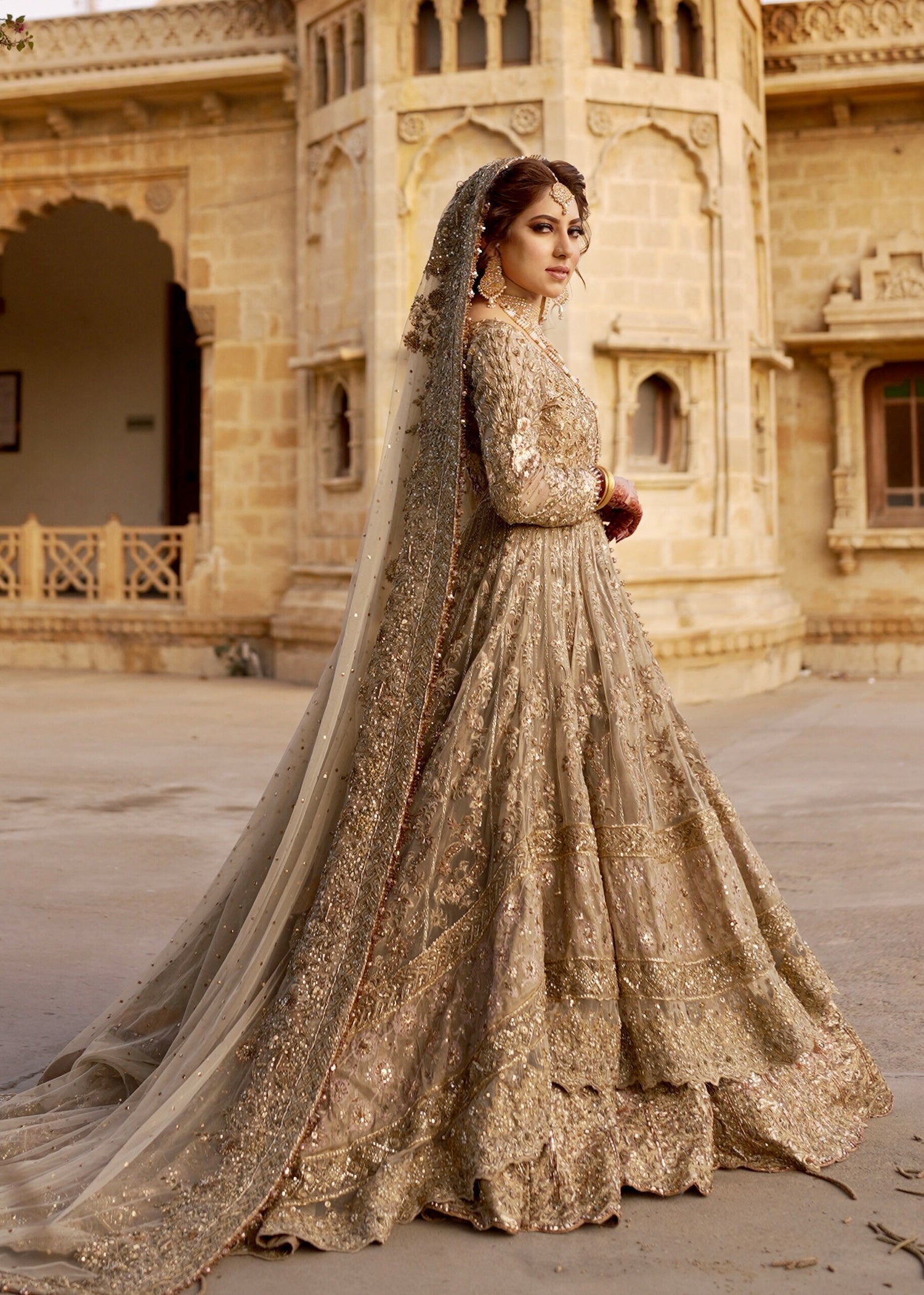 Pakistani Champagne Gold Embellished Net Bridal Gown (2-Piece) - Image 11
