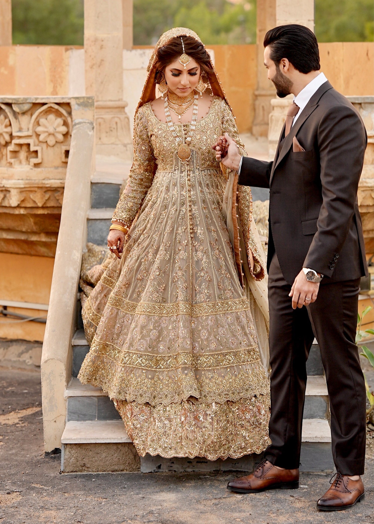 Pakistani Champagne Gold Embellished Net Bridal Gown (2-Piece) - Image 12