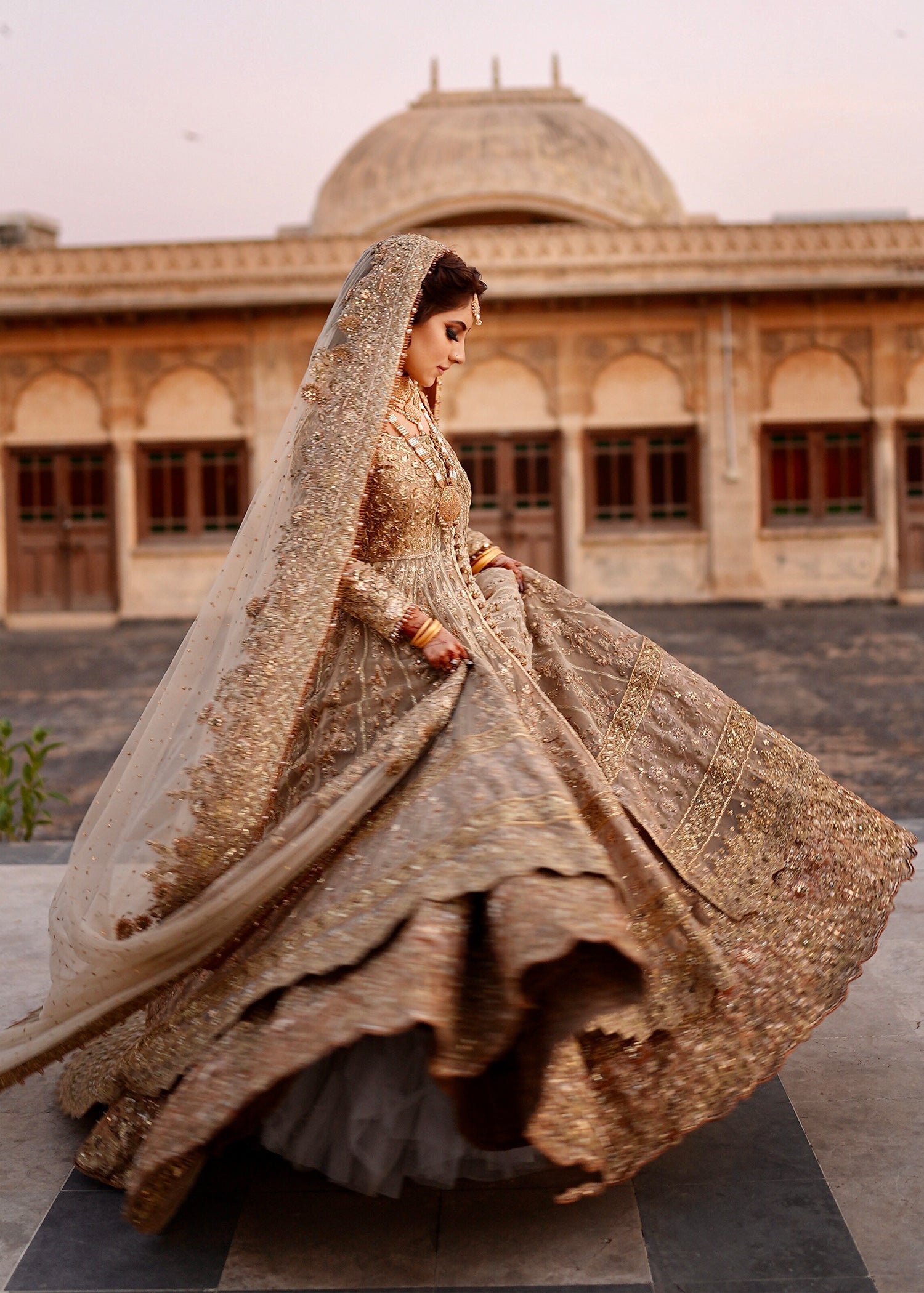 Pakistani Champagne Gold Embellished Net Bridal Gown (2-Piece) - Image 13