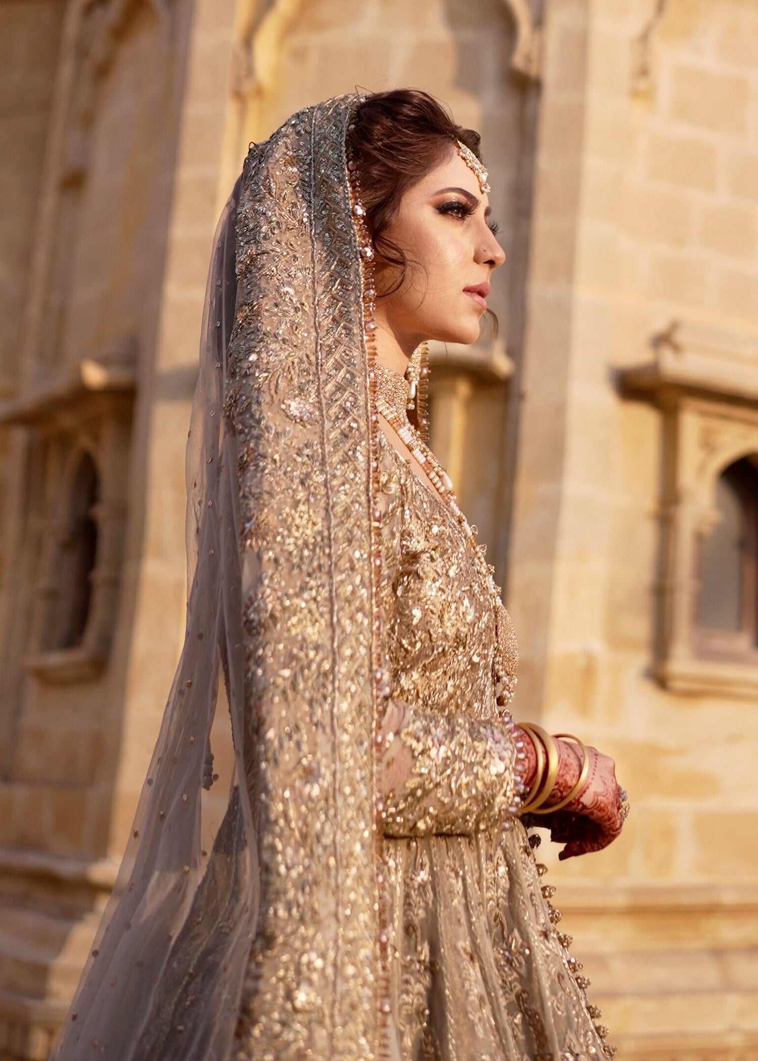 Pakistani Champagne Gold Embellished Net Bridal Gown (2-Piece) - Image 14