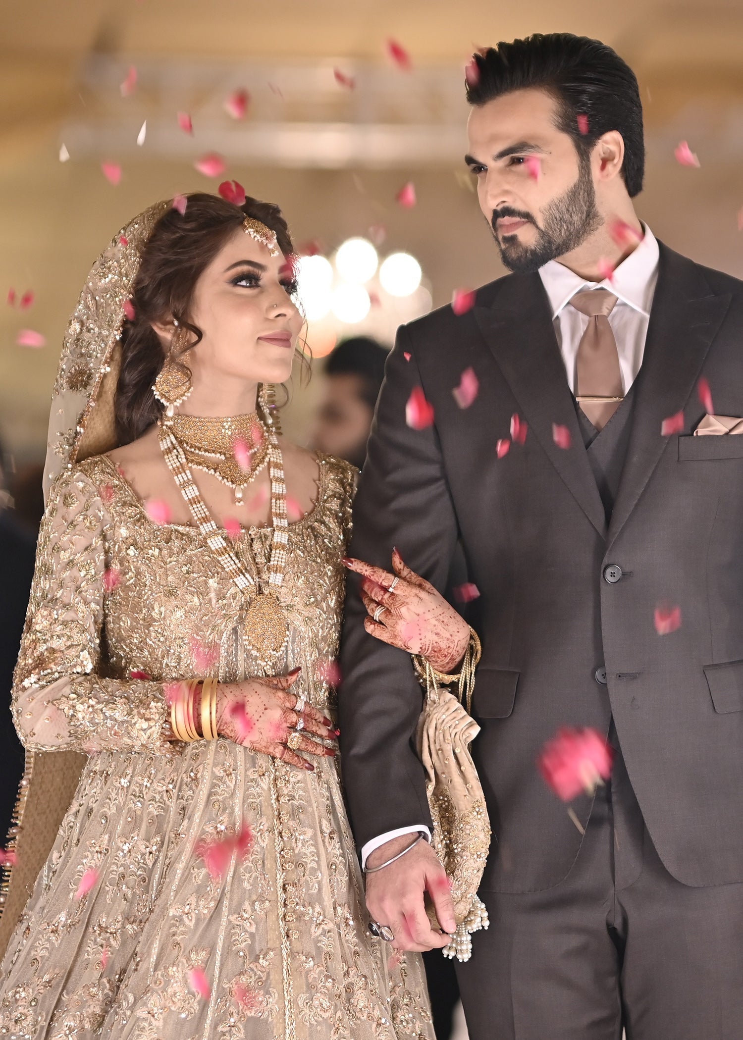 Pakistani Champagne Gold Embellished Net Bridal Gown (2-Piece) - Image 15