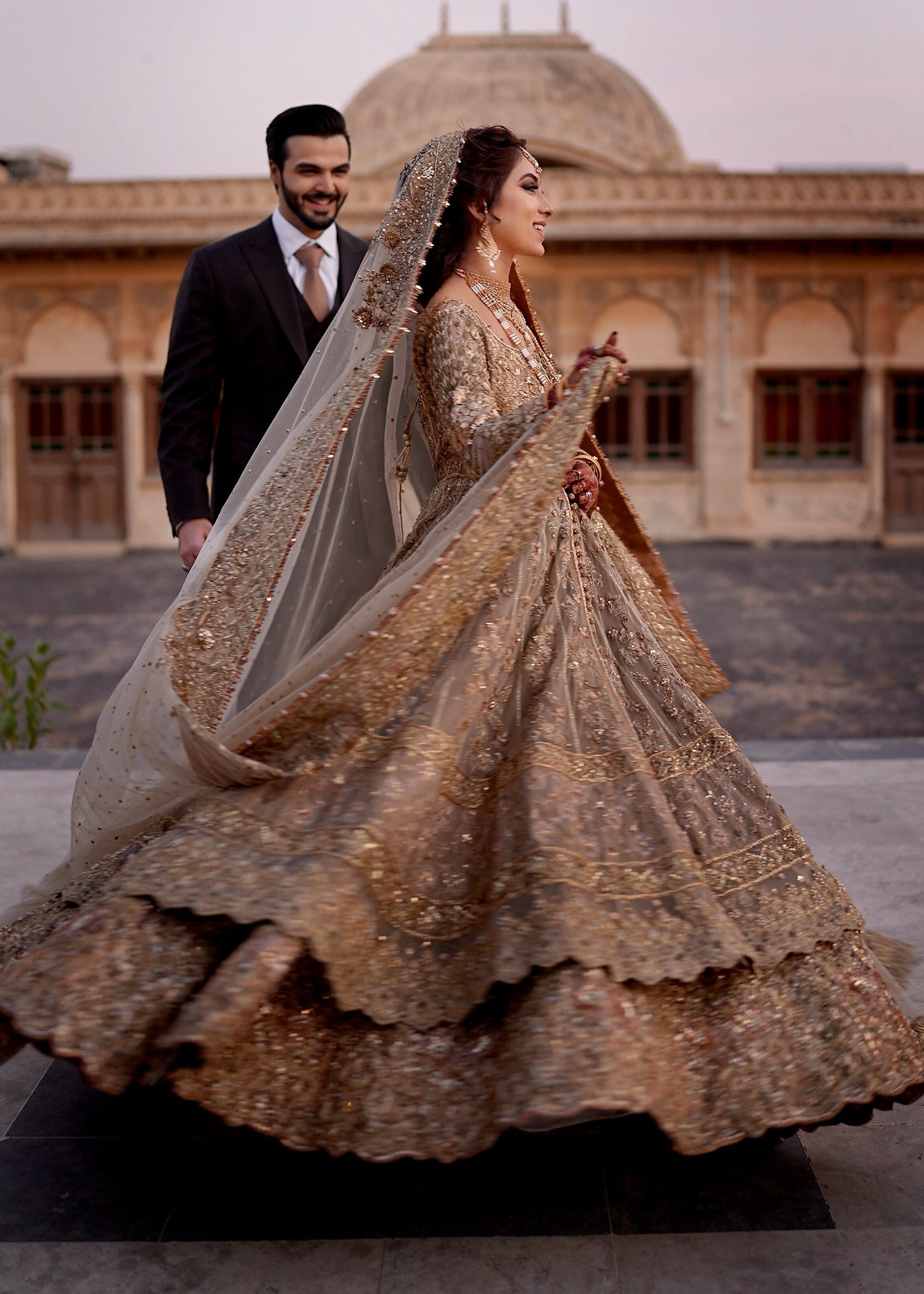 Pakistani Champagne Gold Embellished Net Bridal Gown (2-Piece) - Image 17