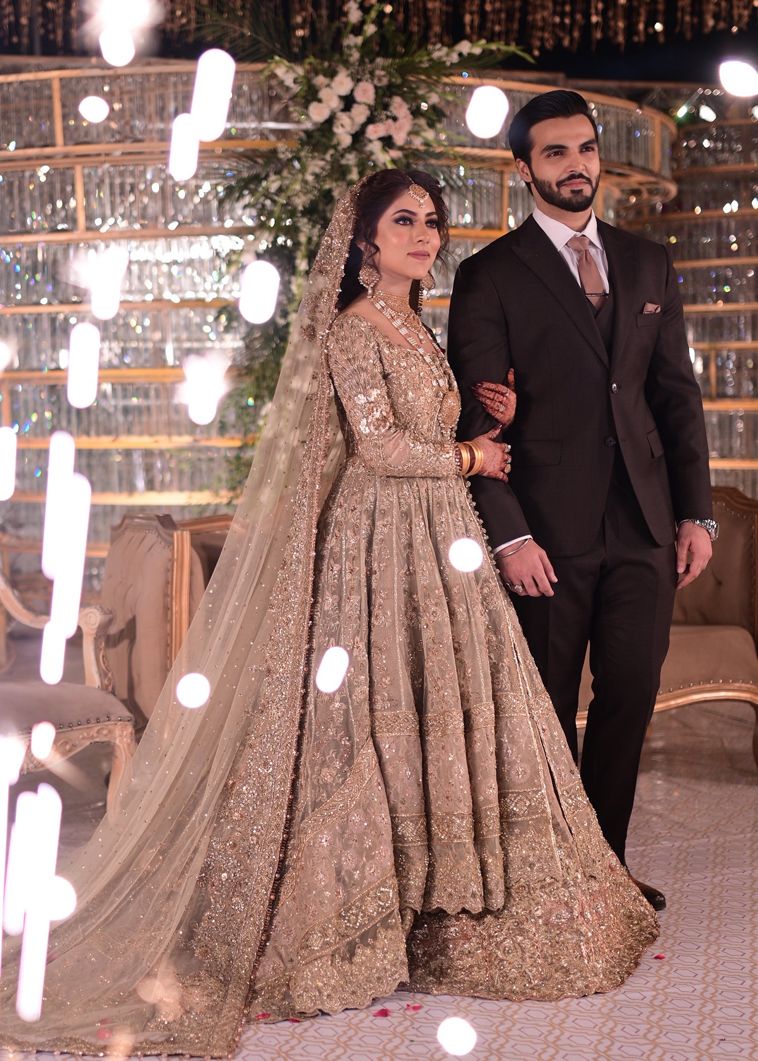 Pakistani Champagne Gold Embellished Net Bridal Gown (2-Piece) - Image 18
