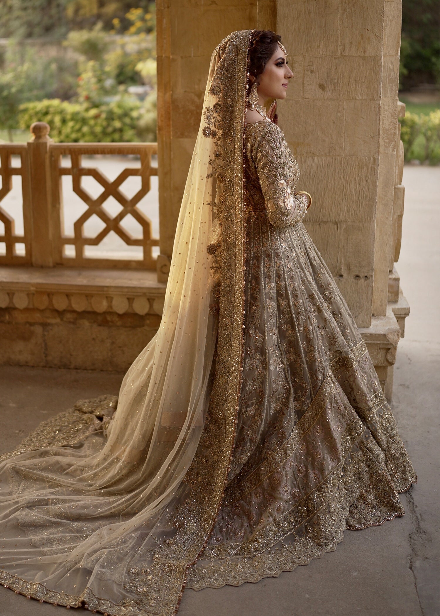 Pakistani Champagne Gold Embellished Net Bridal Gown (2-Piece) - Image 19
