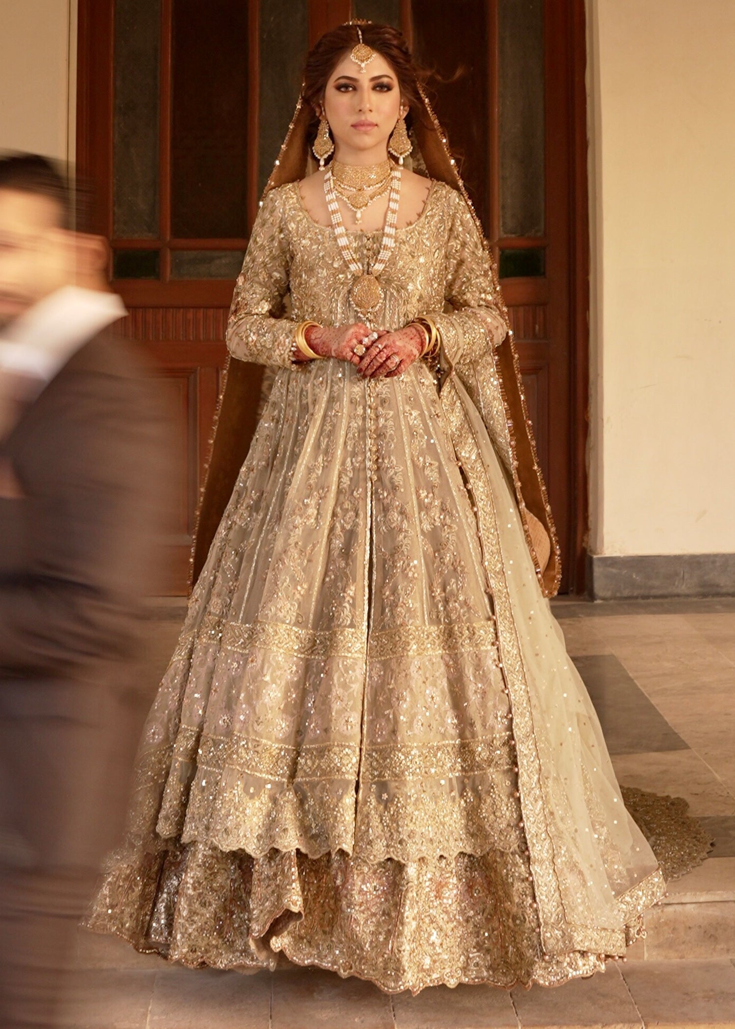 Pakistani Champagne Gold Embellished Net Bridal Gown (2-Piece) - Image 2