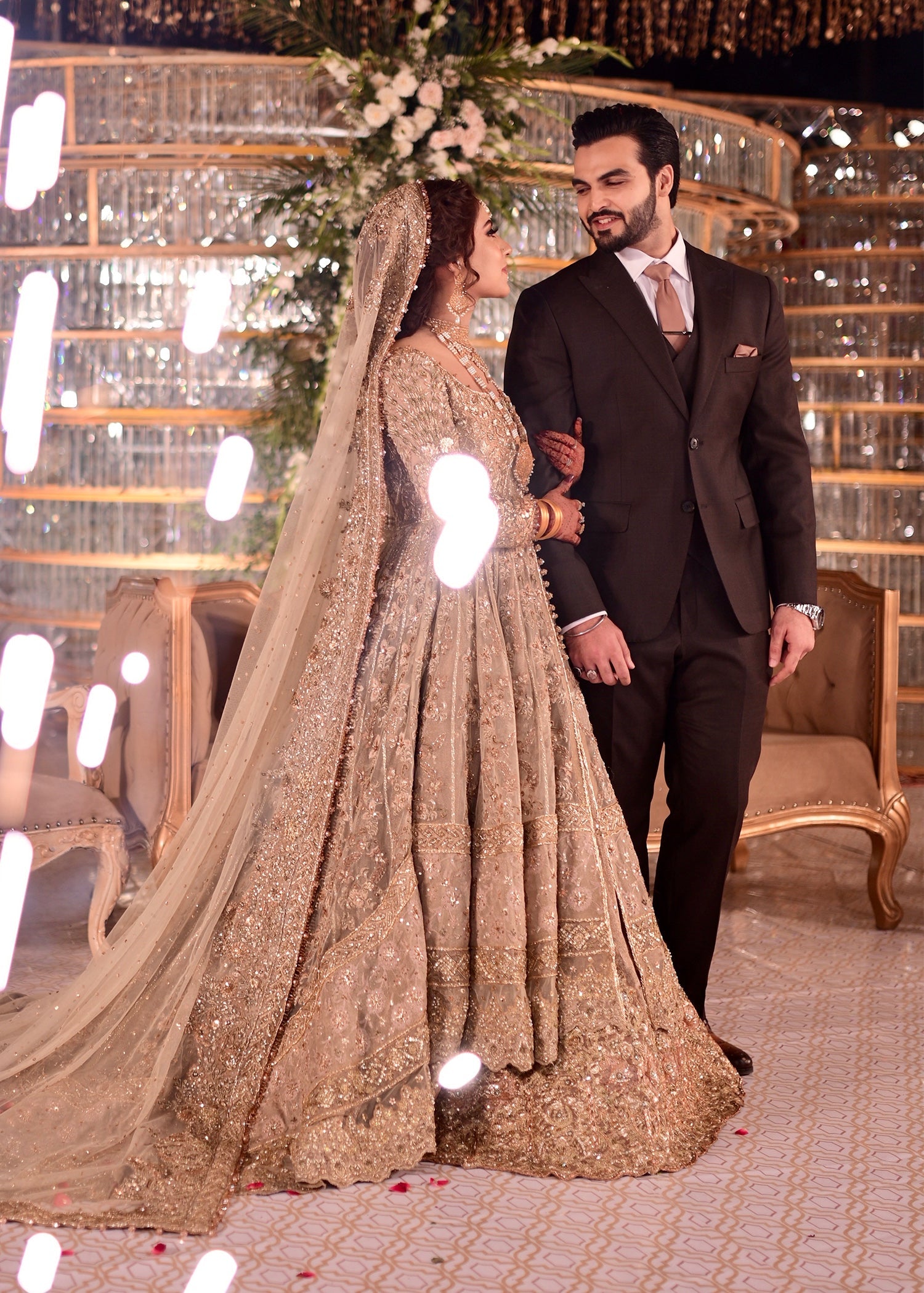 Pakistani Champagne Gold Embellished Net Bridal Gown (2-Piece) - Image 20