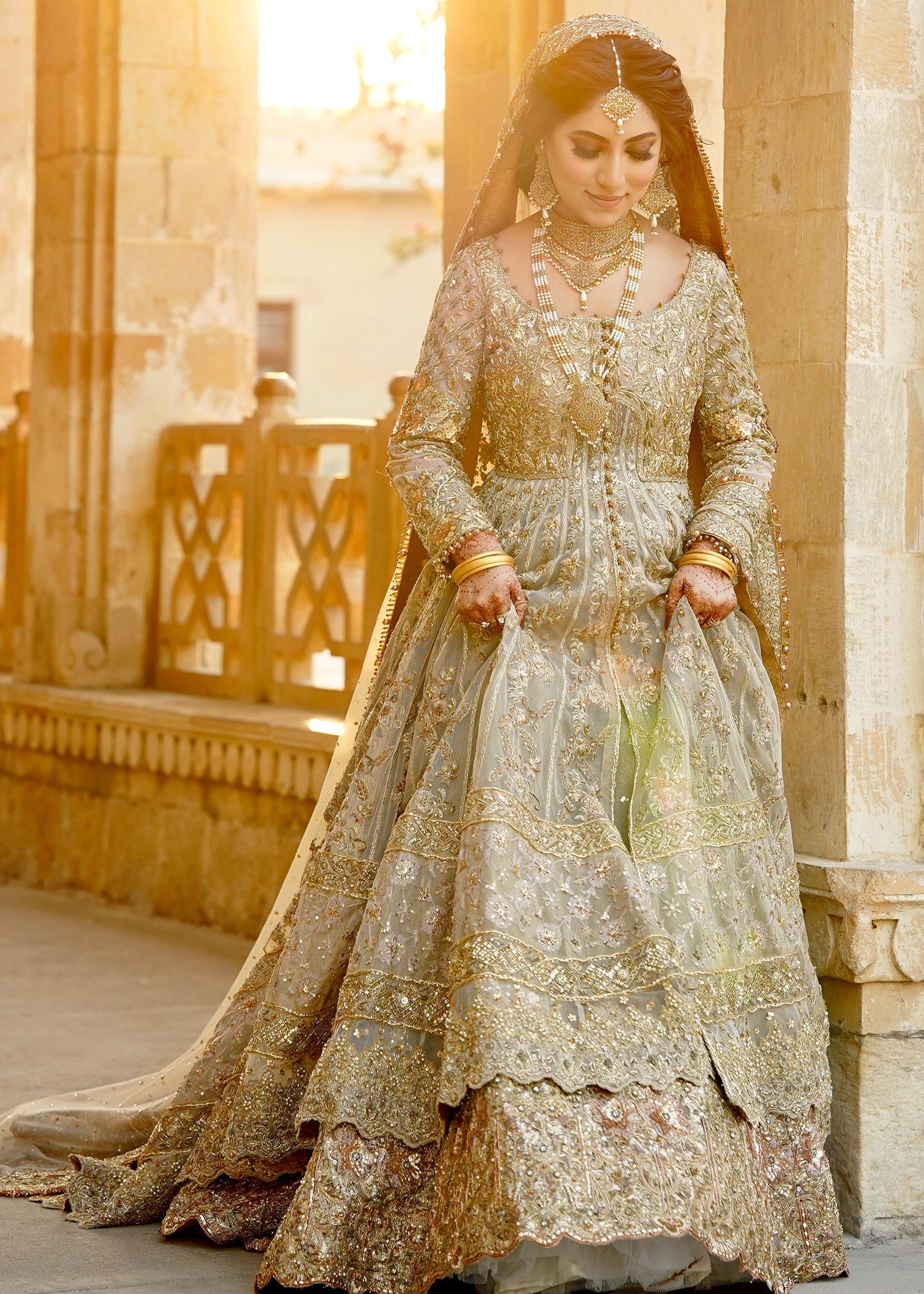 Pakistani Champagne Gold Embellished Net Bridal Gown (2-Piece) - Image 21