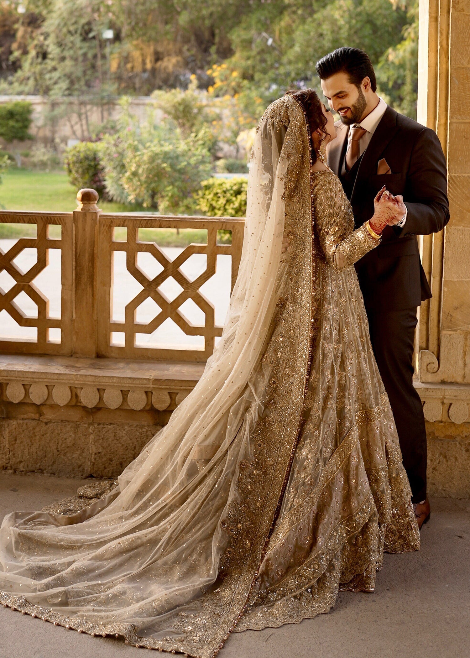 Pakistani Champagne Gold Embellished Net Bridal Gown (2-Piece) - Image 22