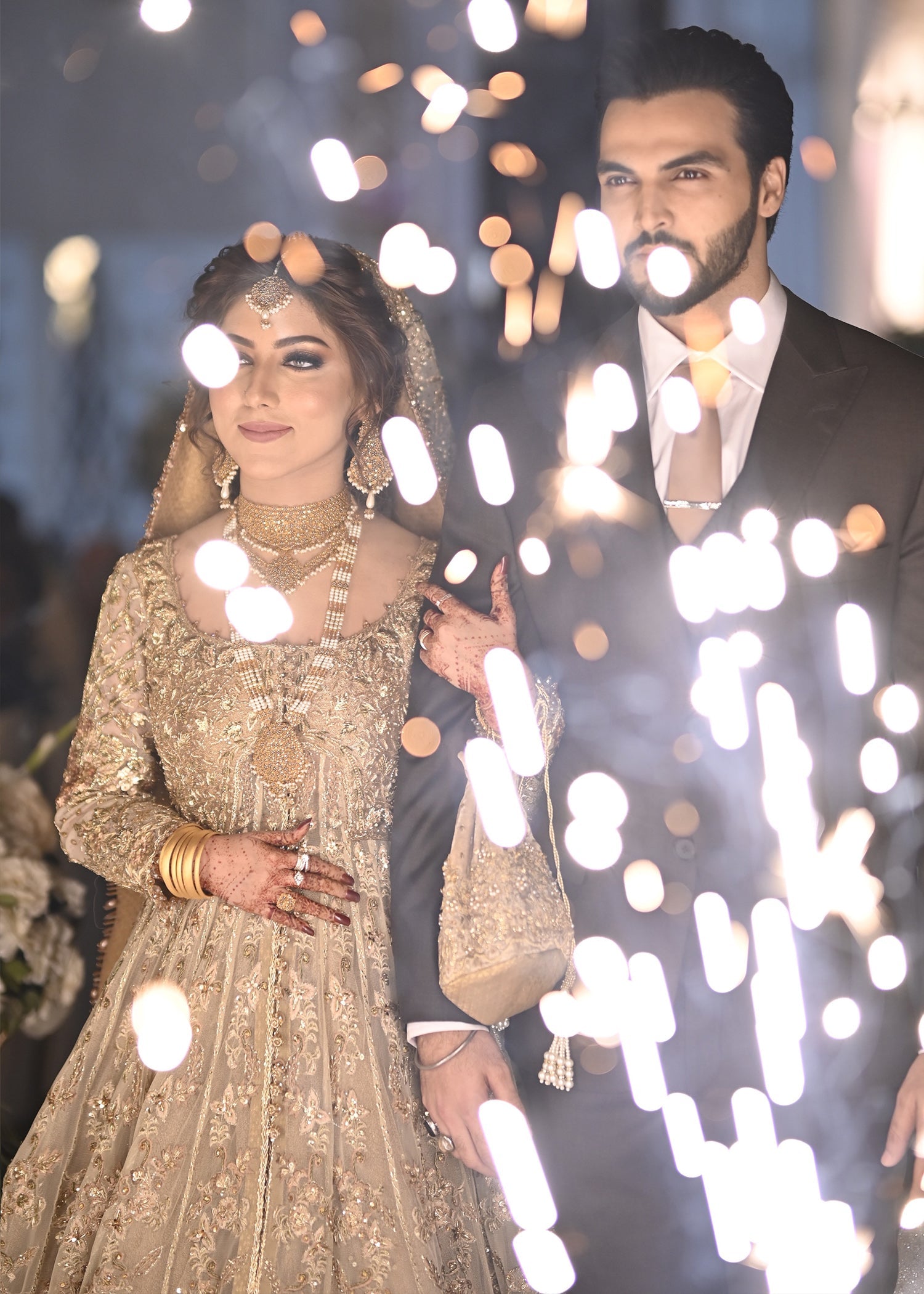 Pakistani Champagne Gold Embellished Net Bridal Gown (2-Piece) - Image 23