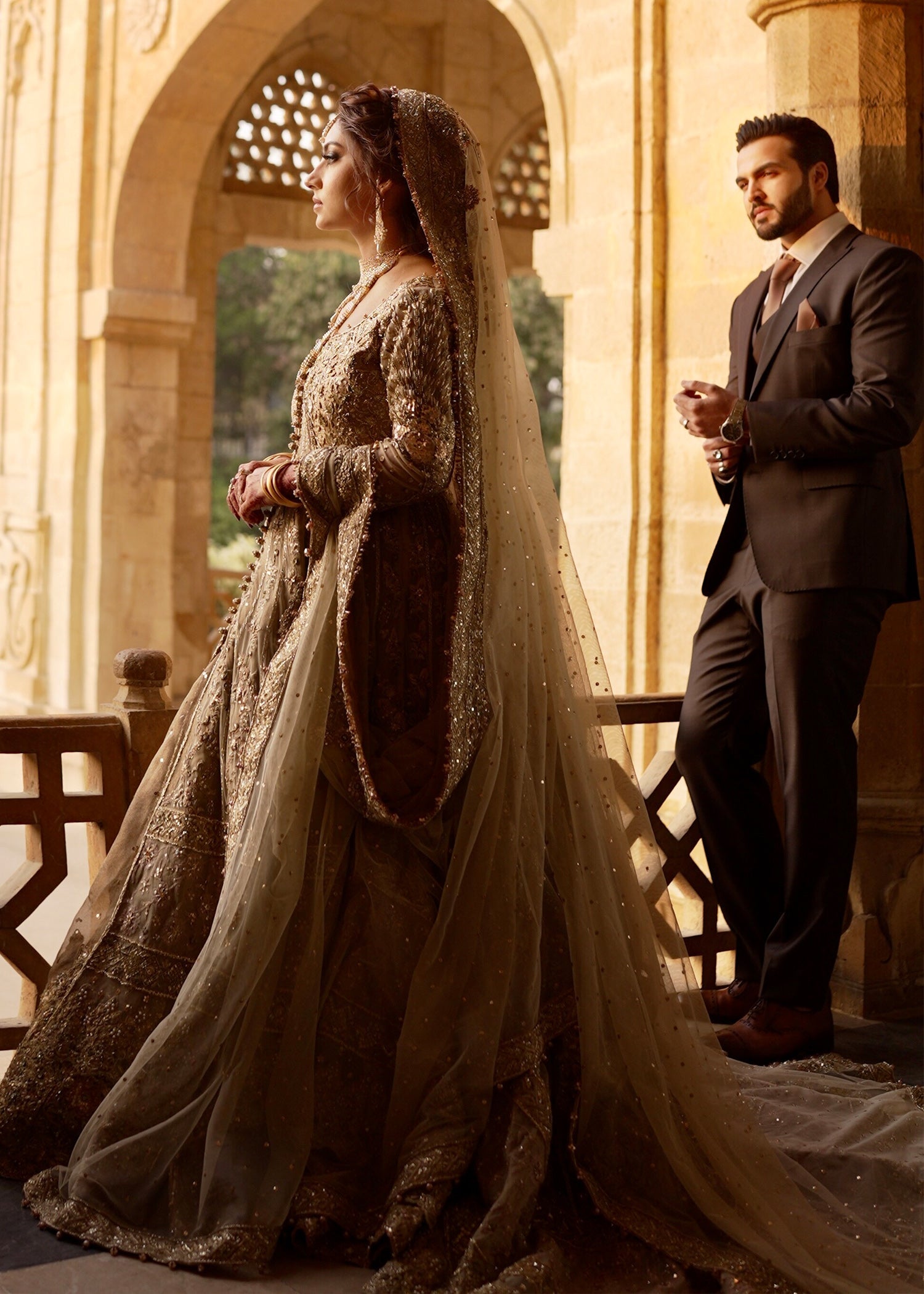 Pakistani Champagne Gold Embellished Net Bridal Gown (2-Piece) - Image 3