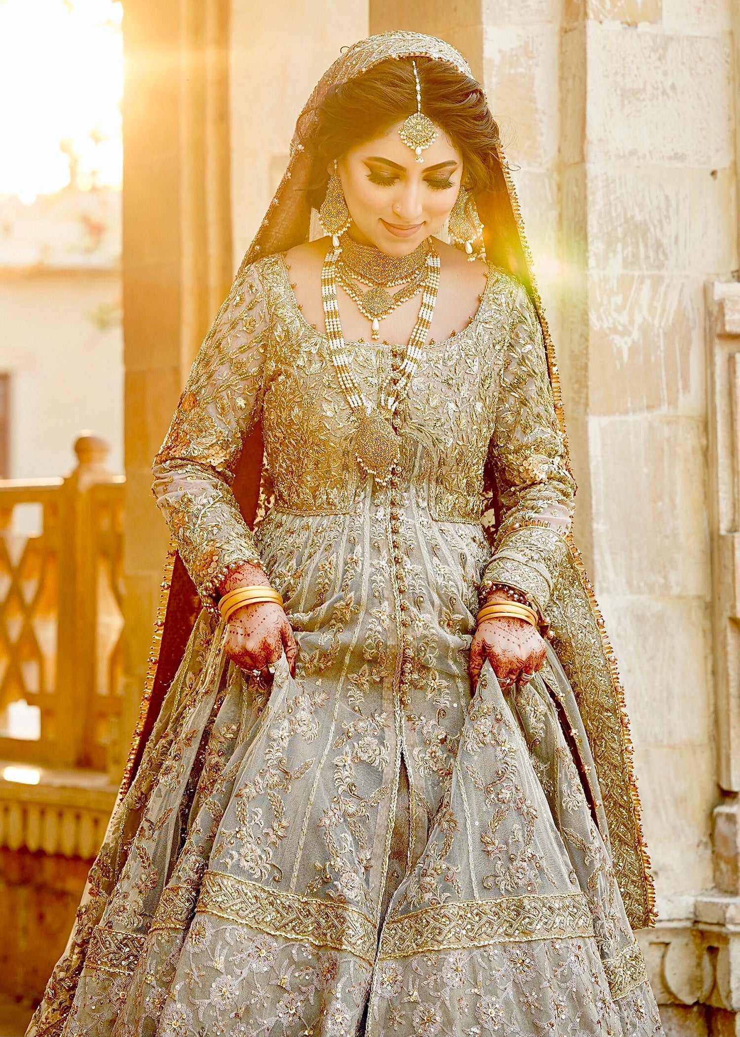 Pakistani Champagne Gold Embellished Net Bridal Gown (2-Piece) - Image 4