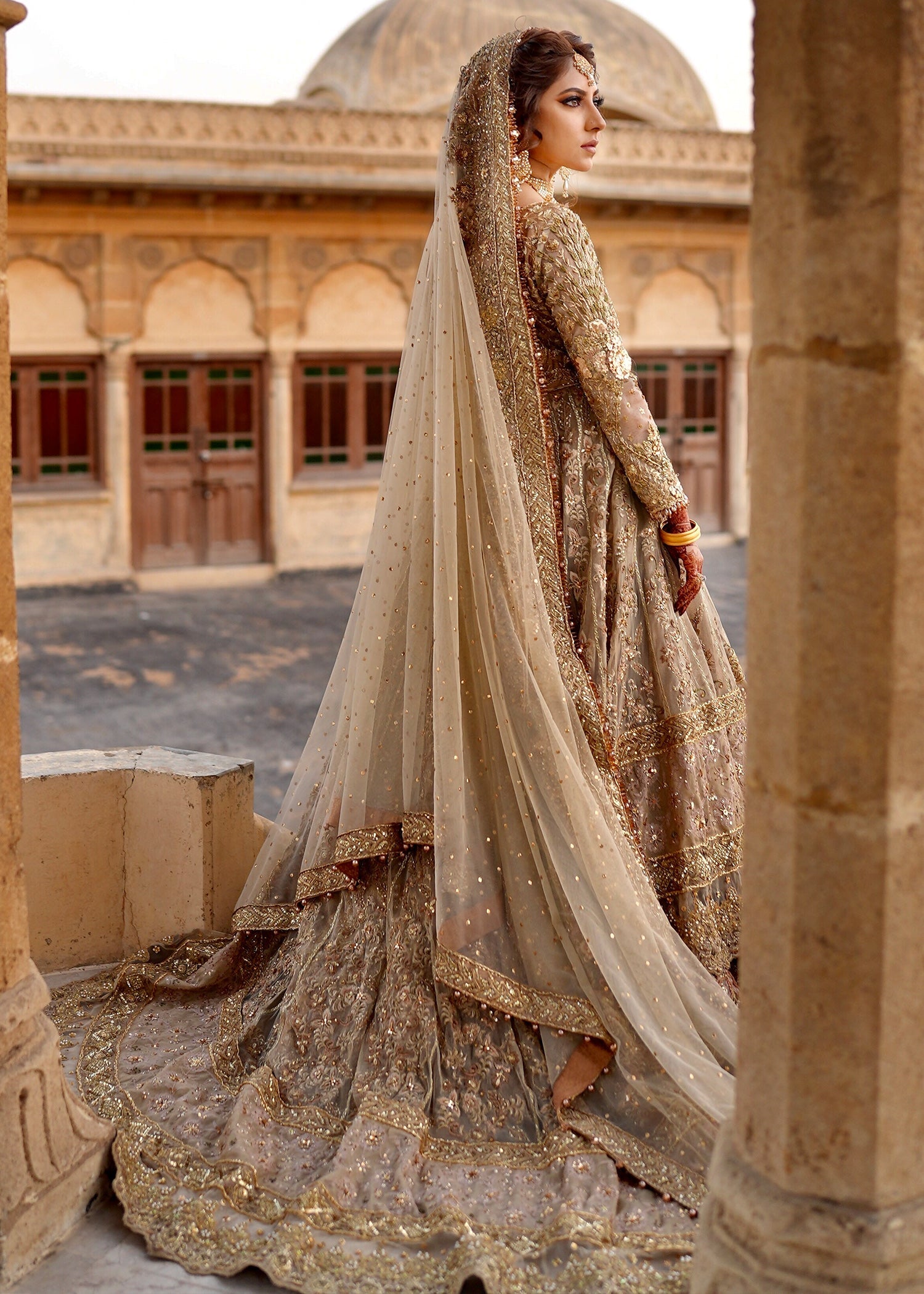 Pakistani Champagne Gold Embellished Net Bridal Gown (2-Piece) - Image 5