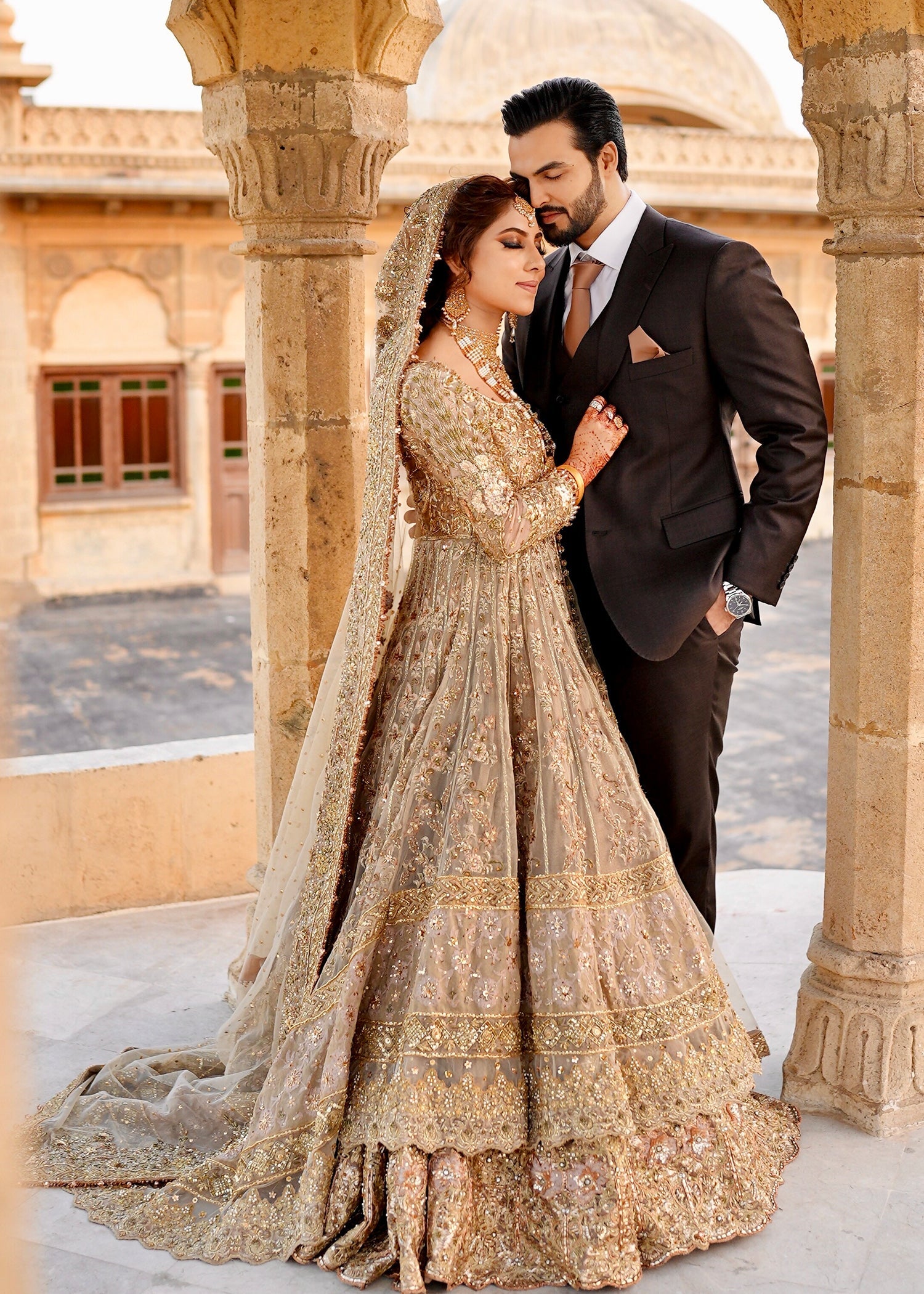 Pakistani Champagne Gold Embellished Net Bridal Gown (2-Piece) - Image 6