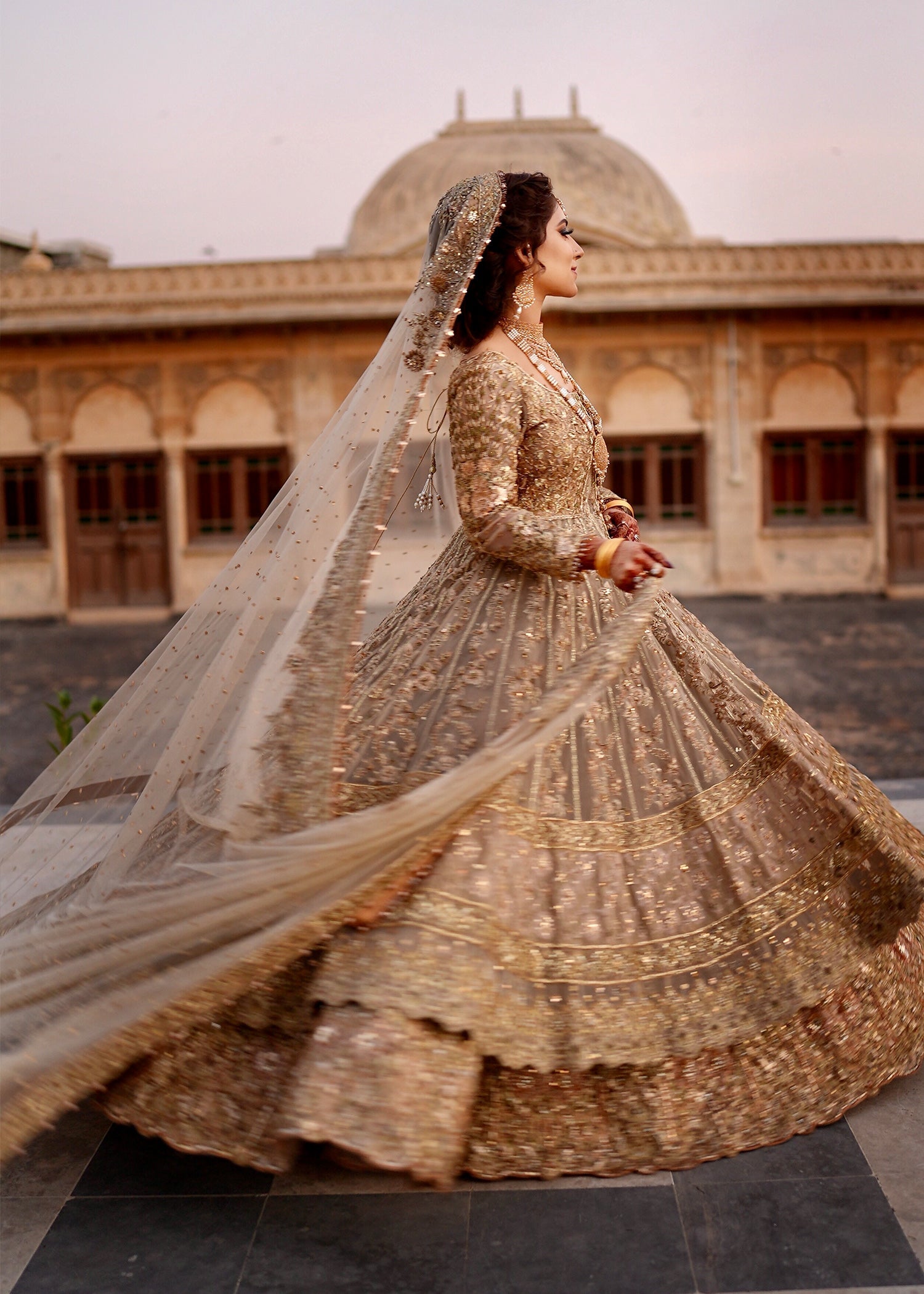 Pakistani Champagne Gold Embellished Net Bridal Gown (2-Piece) - Image 8